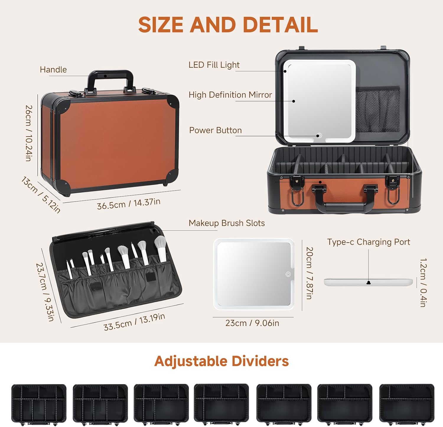 15"x11" Makeup Case with Lighted Mirror & Brush Holder - Waterproof Travel Organizer, Customizable Storage, Rechargeable LED Vanity for Women (brown)