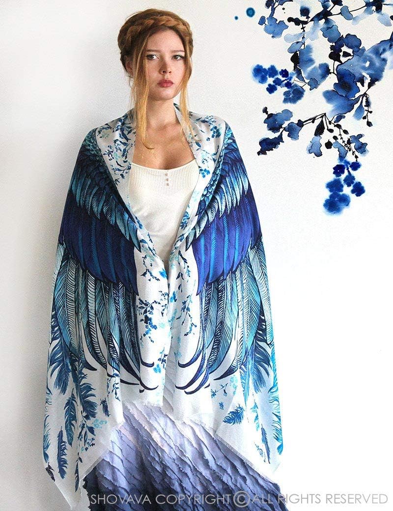 Designer Blue Silk & Cashmere Scarf With Wide Spread Bird Feather Wings (Blue Wings)