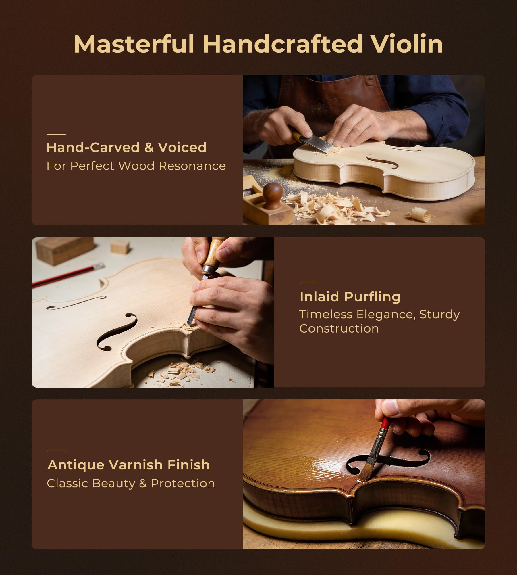 Vangoa Violon 4/4 Acoustique de Concerto en Bois avec étui, Épaulière, colophane et cordes