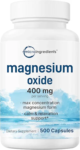 Magnesium Oxide 400mg, 500 Capsules | Elemental Form for Max Concentration | Supports Calm, Muscle & Nerve Health | Non-GMO