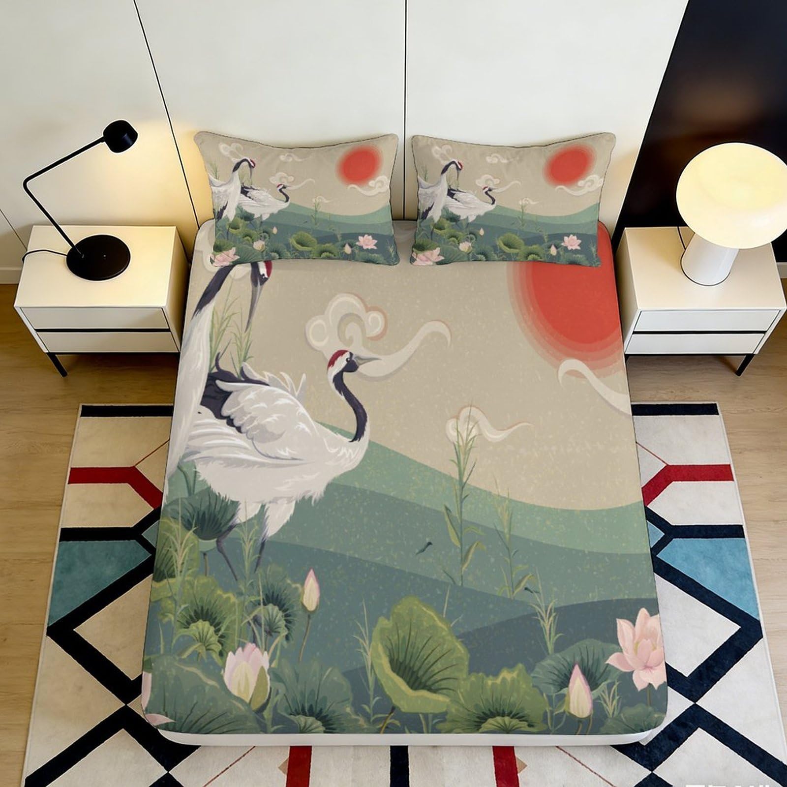 Dhbaneiok Style-9 3D Printed Crane Sunrise Fitted Sheet Microfiber Anti-Slip Lotus Pond Mattress Cover For Bedroom Home Decor 90X200x25cm