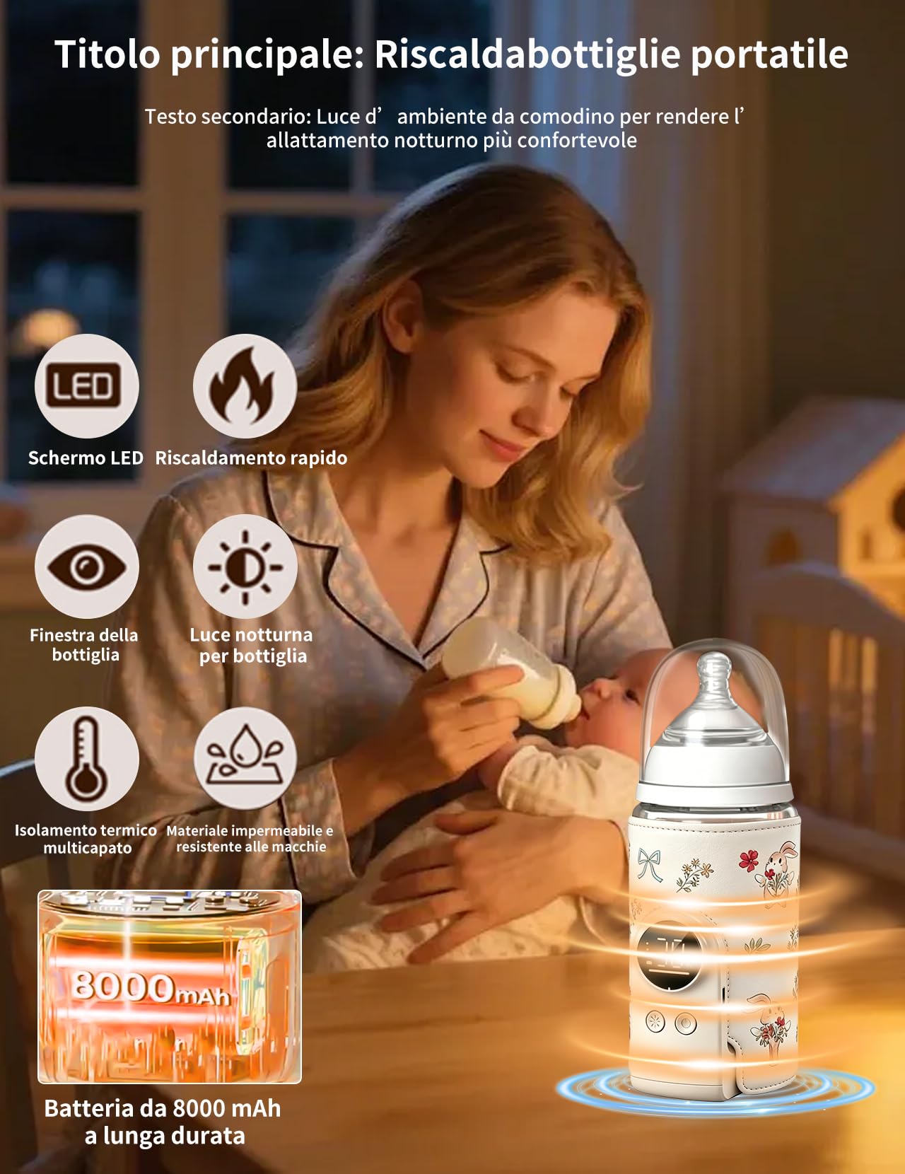 Scaldabiberon per bambini, con batteria da 8000 mAh, 6 livelli di temperatura da 38 a 50 °C, indicatore LED e luce notturna, portatile, funzione di ricarica USB, per viaggi e casa (beige)