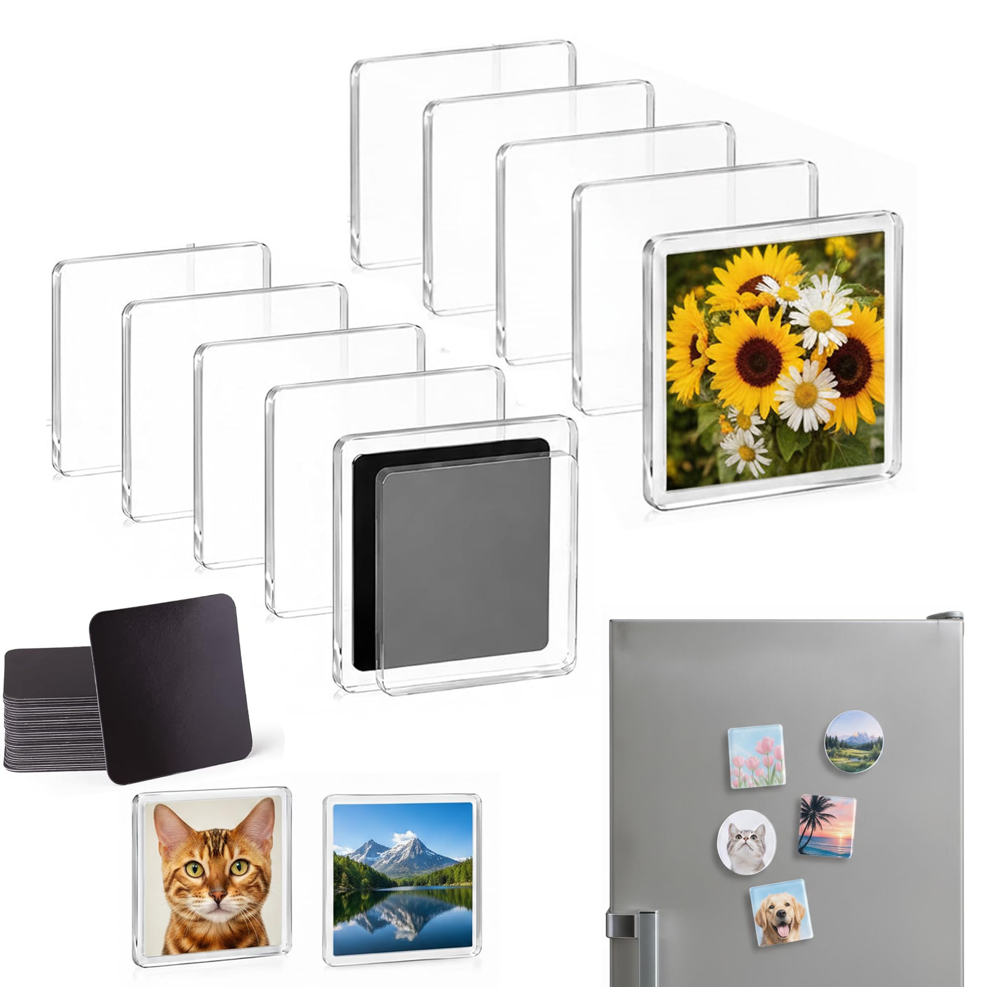 10 Pcs DIY Acrylic Fridge Magnet Kit with Adhesive Backing | 2x2 Inch Square Magnetic Photo Frames Set for Crafts | Clear Refrigerator Magnets Maker for Customized Picture, Kitchen, Classroom Decor
