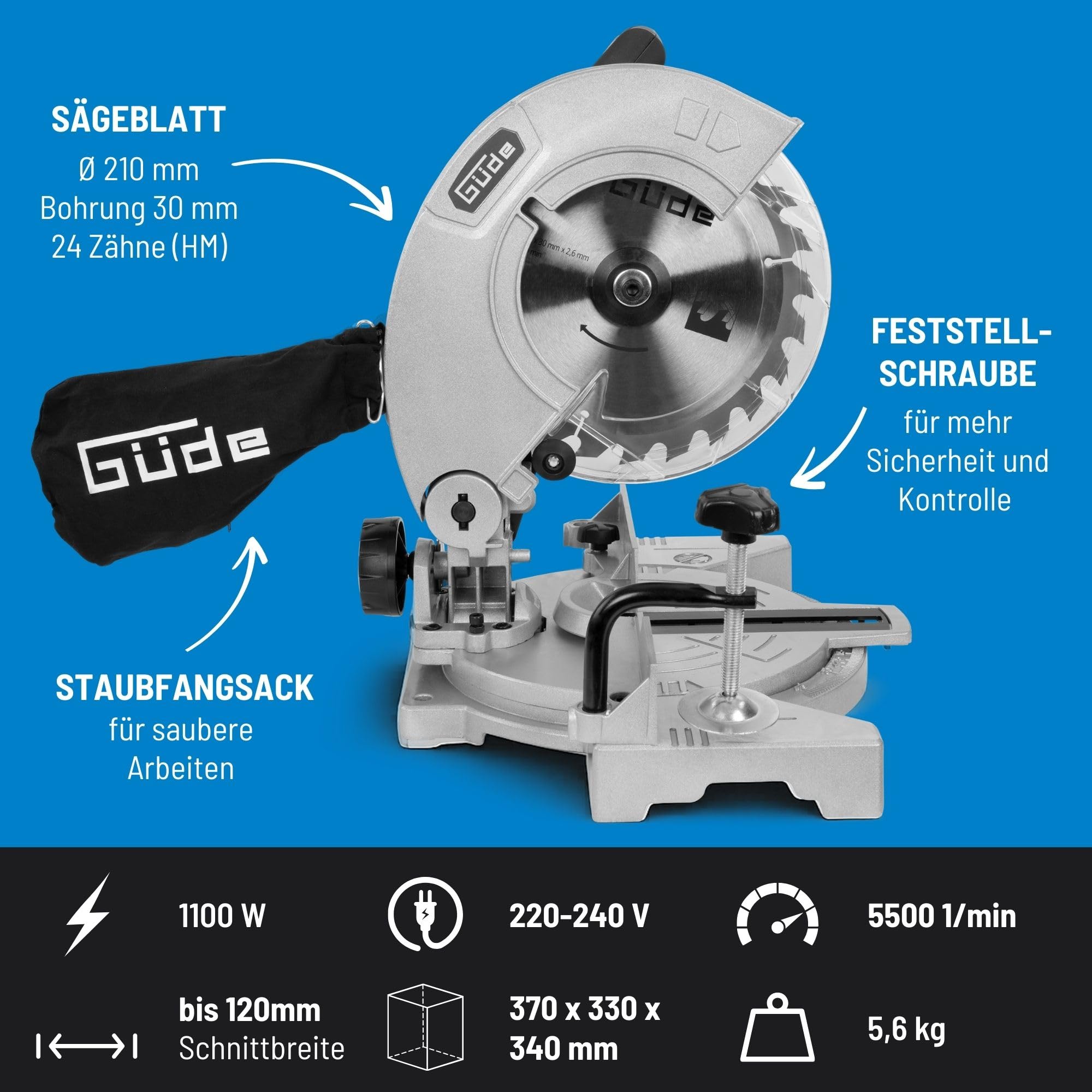Güde Piła ukośna GKS 2134.1 (230 V, 1100 W, prędkość obrotowa silnika 5500 1/min, średnica brzeszczotu 210 mm, głowica obracana do 45°, zakres cięcia (przy 90°/90°) 60 x 120 mm, skala stopni, w