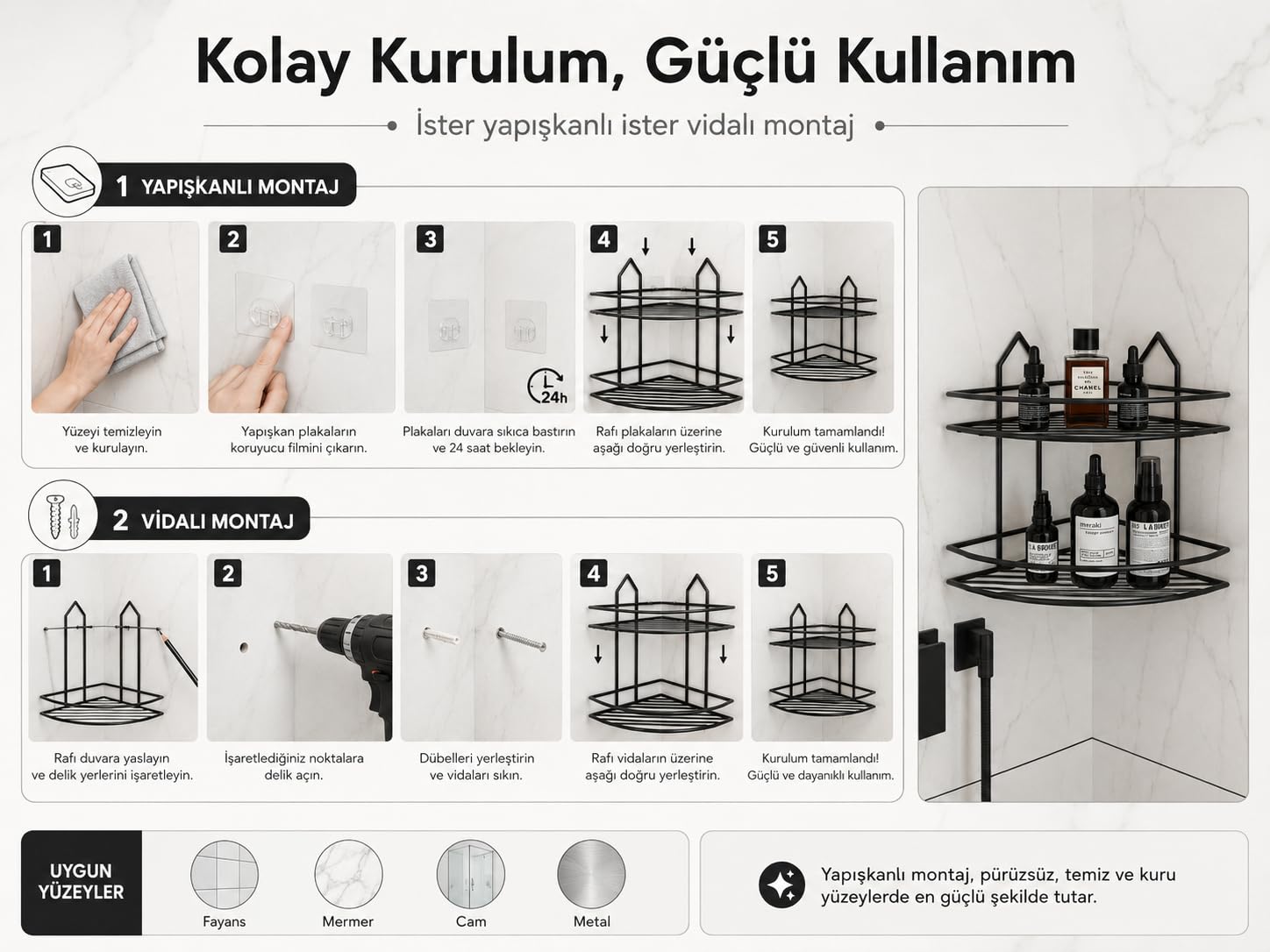 Alper Banyo Siyah 2 Katlı Köşe Banyo Rafı, Hem Yapışkanlı Hem Vidalı Montajlı Duş Rafı, Metal Şampuanlık ve Banyo Organizer, Duvar Tipi Köşe Raf Düzenleyici