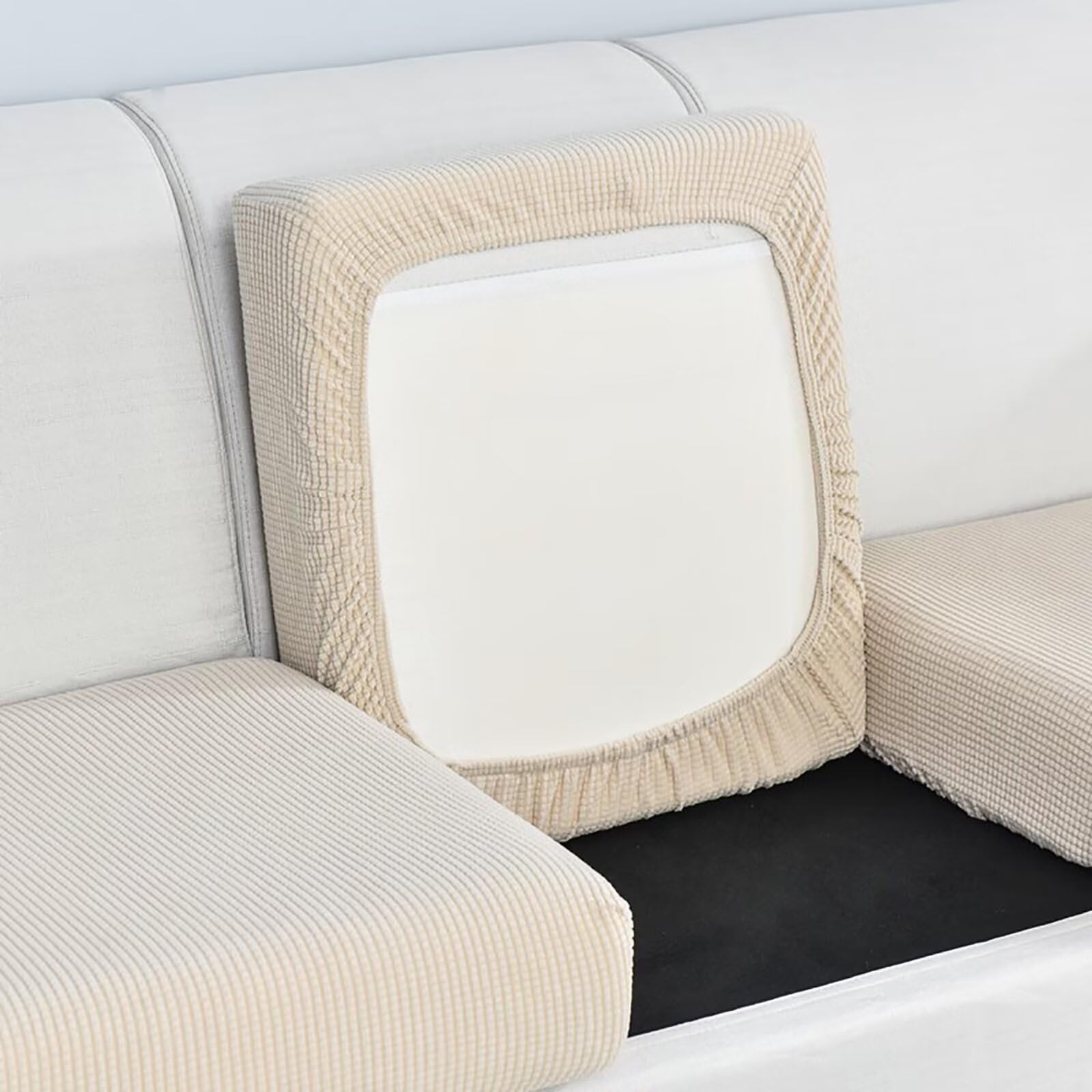 Edumov Sofa Seat Cushion Cover, Stretch Sofa Seat Cover, Fitted Universal Couch Cover, Non-Slip Sofa Slipcovers Velvet Sofa Covers Replacement for Individual Cushion(Großer 3-Sitzer, Beige)