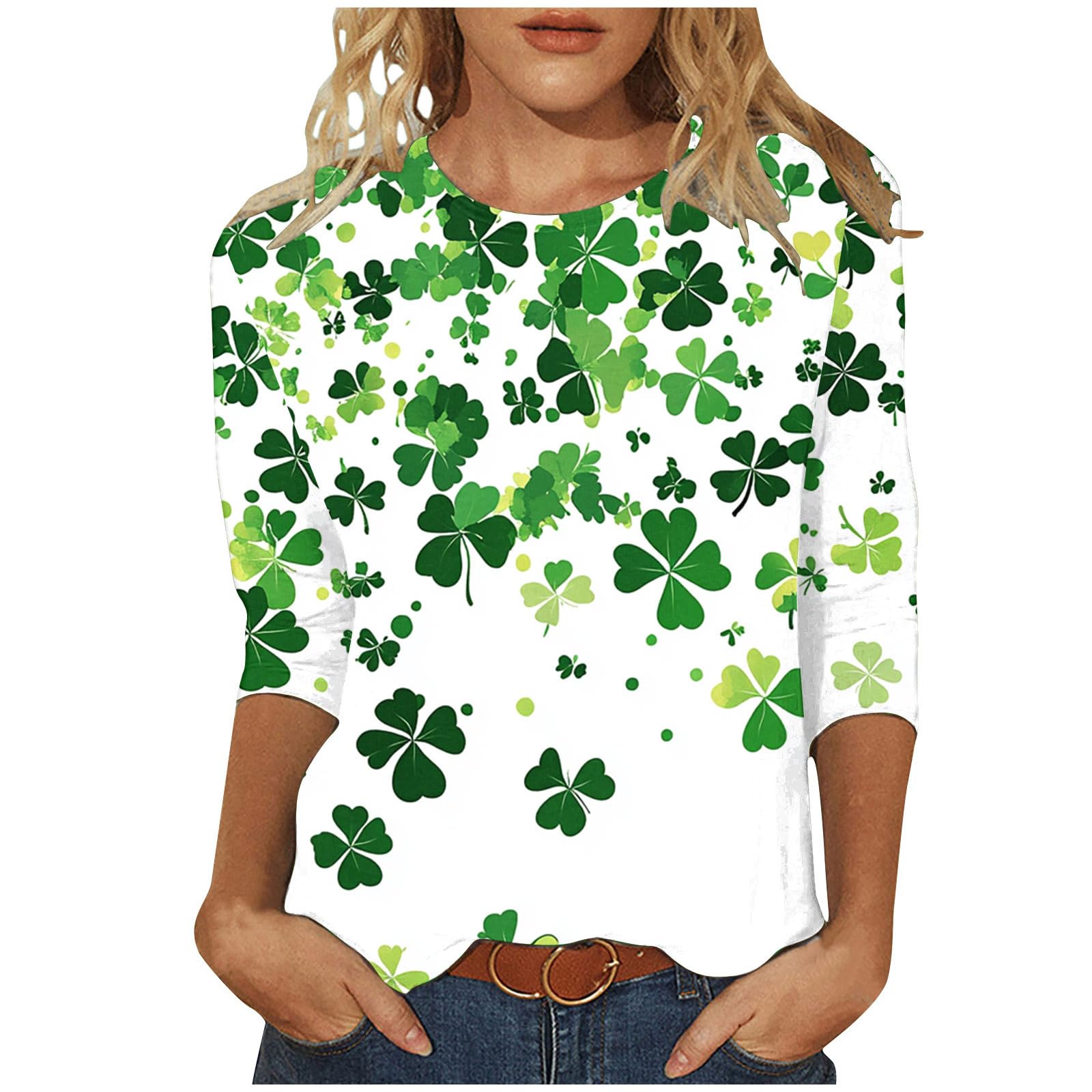 St Patty's Day Shirt Women 2025 Casual Plus Size 3/4 Sleeve Irish Clover Shirts Funny Saint Patrick's Tunic Tops