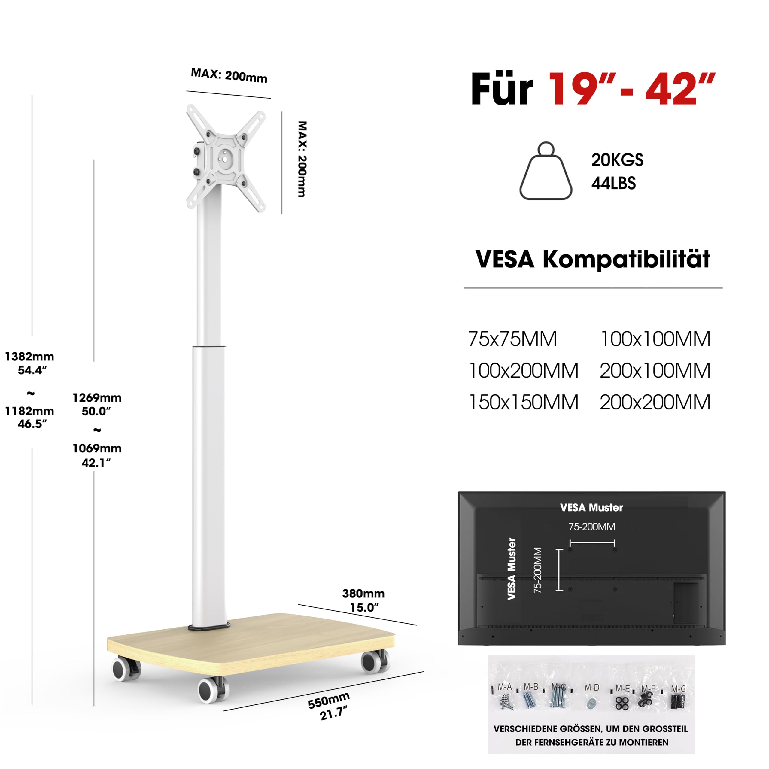AOKCOS TV Ständer Rollbar mit Holzbasis, Fernsehständer Rotierbar für 19-42 Zoll Fernseher, TV Bodenständer mit Rollen Höhenverstellbar Schwenkbar, bis 20 kg Max. VESA 200x200mm (Weiß+Natur)