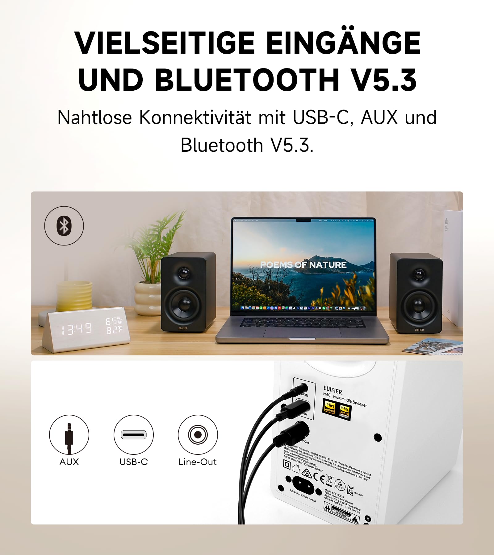 Edifier M60 Multimedia-Lautsprecher Bluetooth 5.3, 66W RMS, Hi-Res Audio & Hi-Res Wireless Audio, LDAC, 3" Mittelbass & 1" Hochtöner, USB-C & Aux-Eingänge, Kompakter Desktop Lautsprecher - Schwarz
