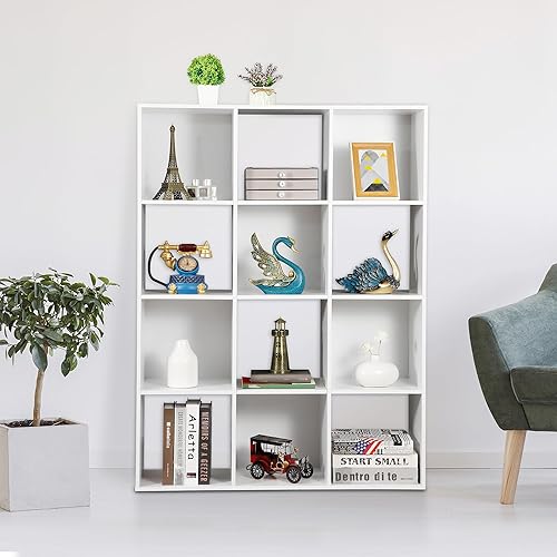 Miniatura 4 de SUPER DEAL Estantería abierta de 12 compartimentos, armario de almacenamiento de cubo de 47 pulgadas de ancho, estantería cubica de madera con 6