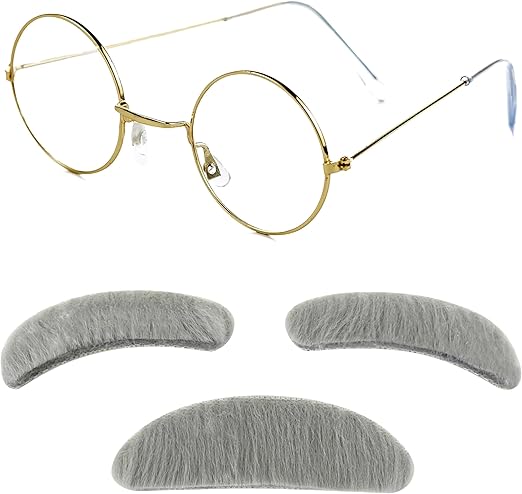 4E's Novelty Old Man Costume For Kids Boys - Glasses With Gray Stick On Fake Mustache & Eyebrows - Halloween Costume for Boys, Grandpa Dress Up Accessories Kit