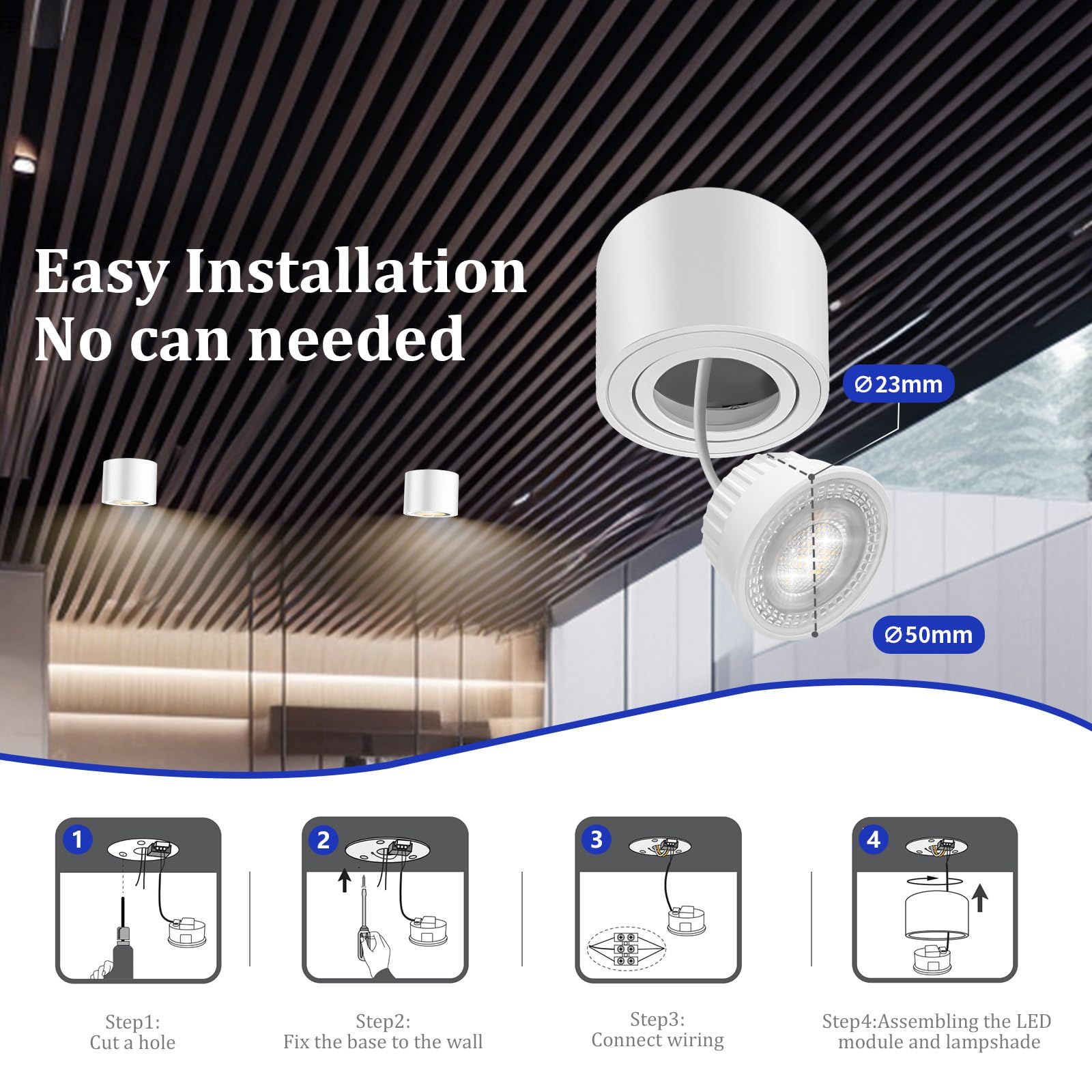 GeyouLux 6x Focos LED Techo Superficie - Ø80x50mm Interior - Módulo 230V Incluido - 5W 500LM 3000K - Ultradelgado y Ajustable a 38° - Lámpara Techo Aluminio Blanco