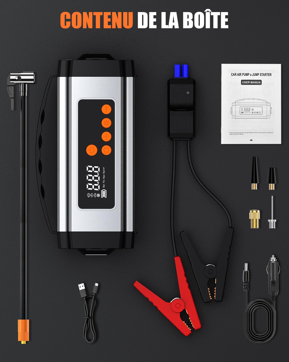 Onherm 7-in-1 Booster Batterie Voiture avec Gonfleur 150PSI, 2000A Demarreur Batterie Voiture pour Jusqu’à 8L Gaz ou 5L Diesel, Booster Moto avec Éclairage LED, Chargeur USB-C et Écran LCD