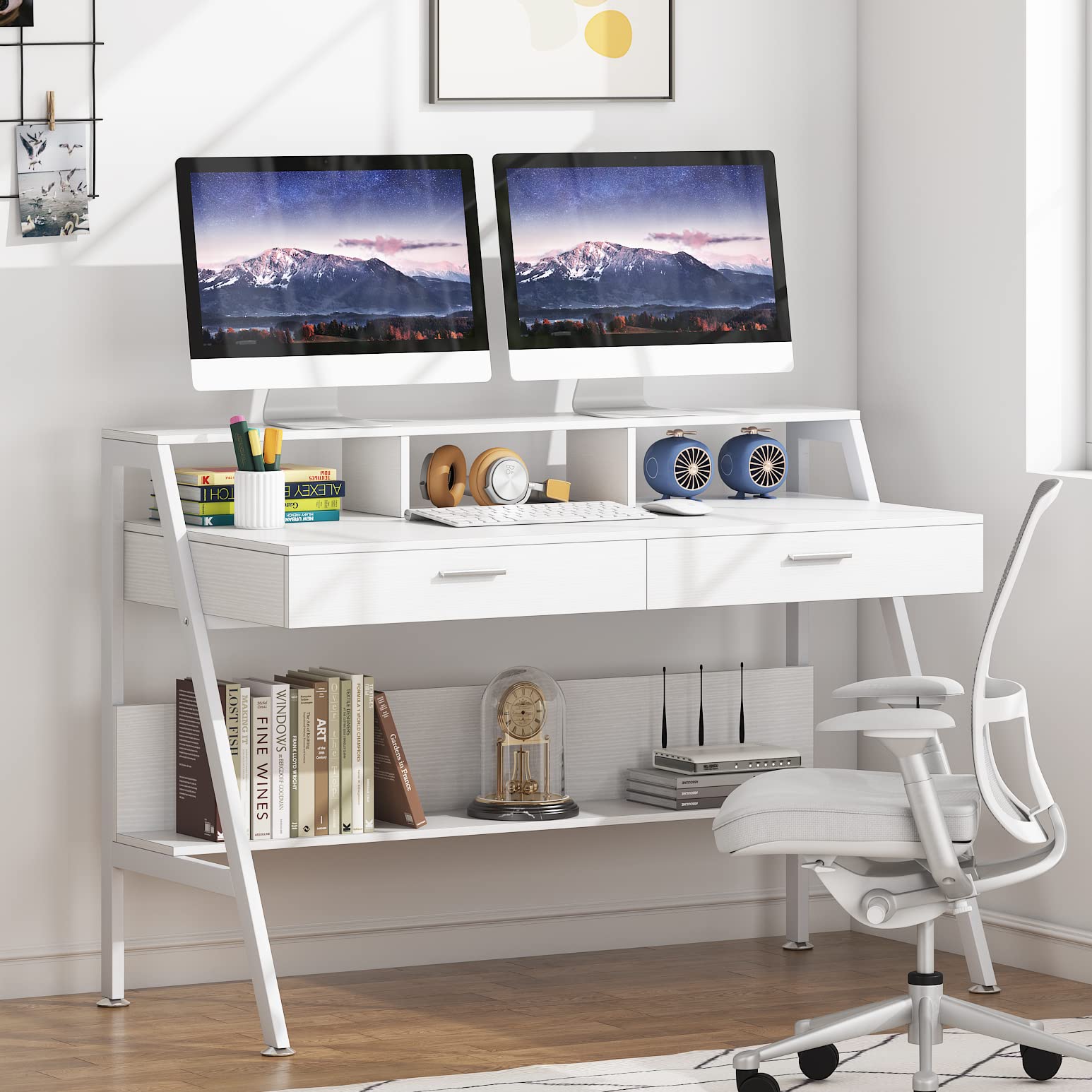 Tribesigns Schreibtisch mit Ablage und Schubladen, 120 cm moderner Schreibtisch, Arbeitstisch mit Monitorständer für den Einsatz im Homeoffice (weiß)