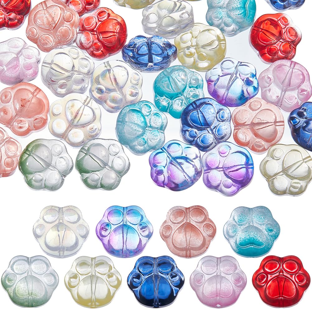 SUNNYCLUE 9 Colors 54PCS Glass Paw Print Beads Cute Makaron Colorful Cat Pet Dog Bear Animal Footprint Mini Transparent Loose Spacer Beads Bulk for Jewellery Making Beading Kit Bracelets Pet Gift