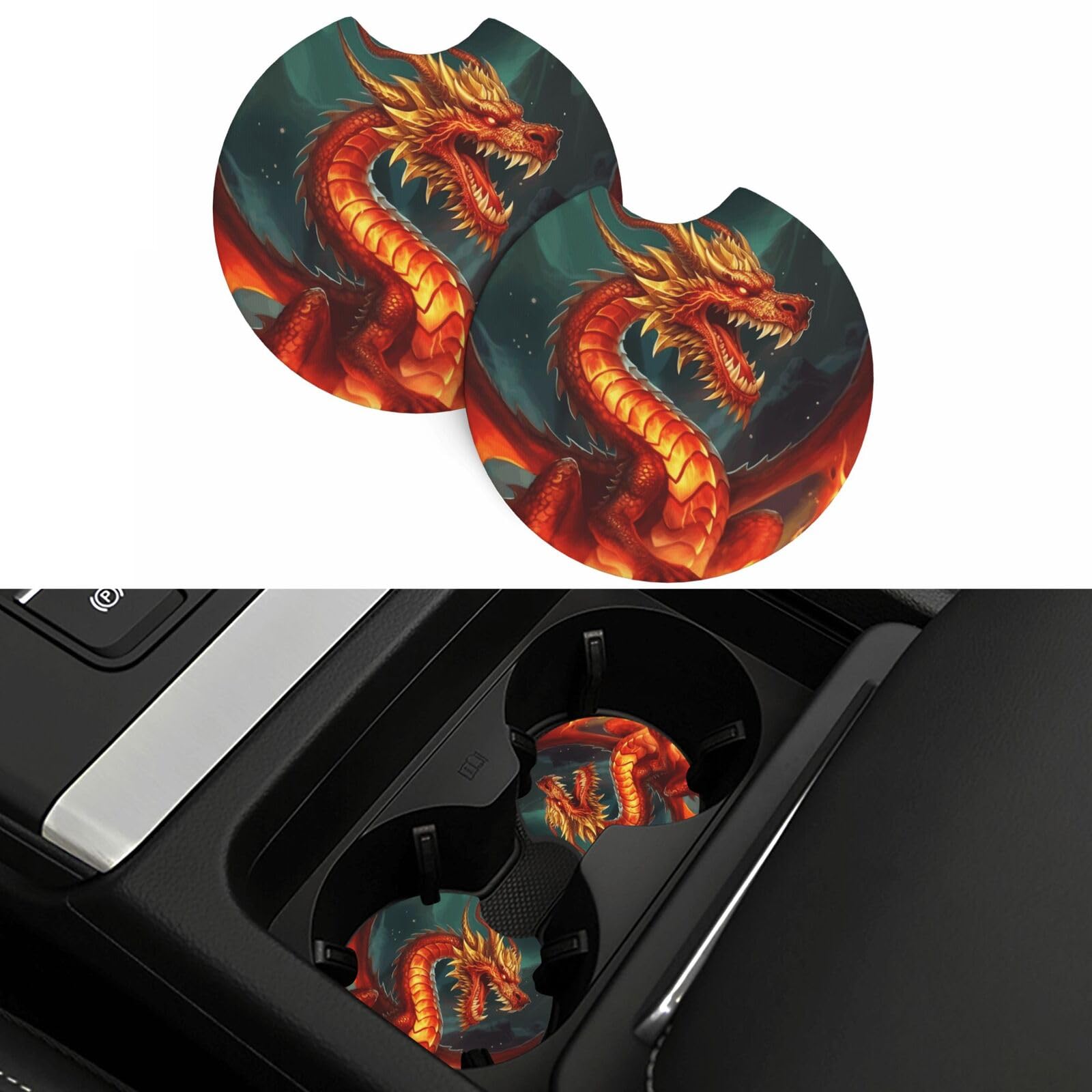 Dragon King in Fire Car Coasters 2 Pcs, Universal Non-Slip Rubber Car Cup Holder for Cup Holders, 2.75 Inch Neoprene Cup Pad Mat Coaster Car Interior Accessories for Women Men