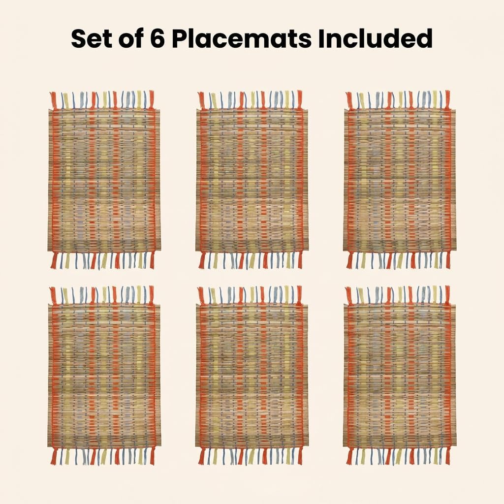 LFH Home Handmade Natural Woven Dining Mats Set Placemats Set of 6 Farmhouse Table Décor Rustic Placemats with Fringe for Dining Table Kitchen Family Gathering Party -13x19 Inch-Orange Yellow Stripes