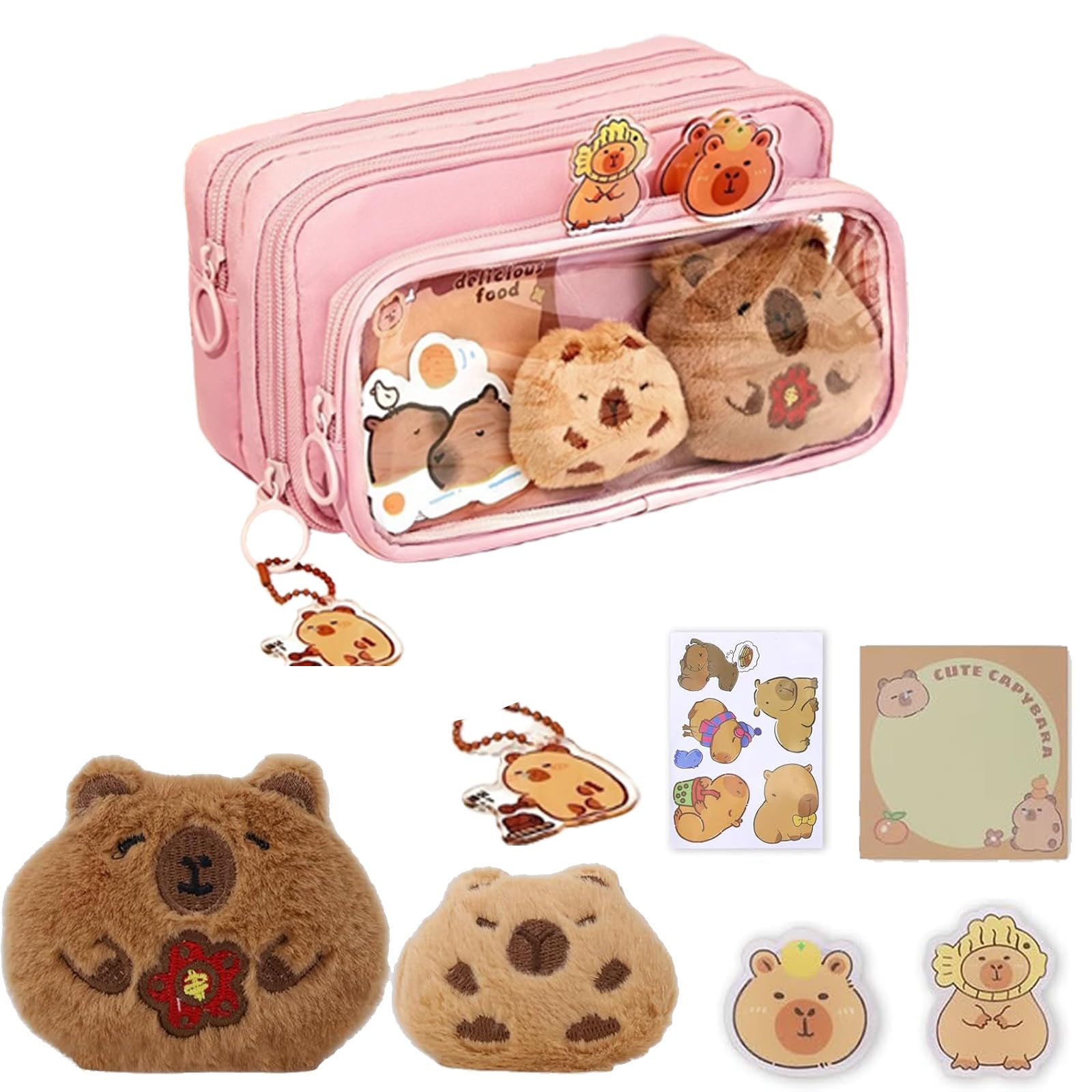 Cute Capybara Stationary Set,Capybara Pencil Case,Large Capacity with Compartments,Multifunctional Pencil Case,School Supplies with Stickers, Pendant Clips, Plush Note Pad (Pink)