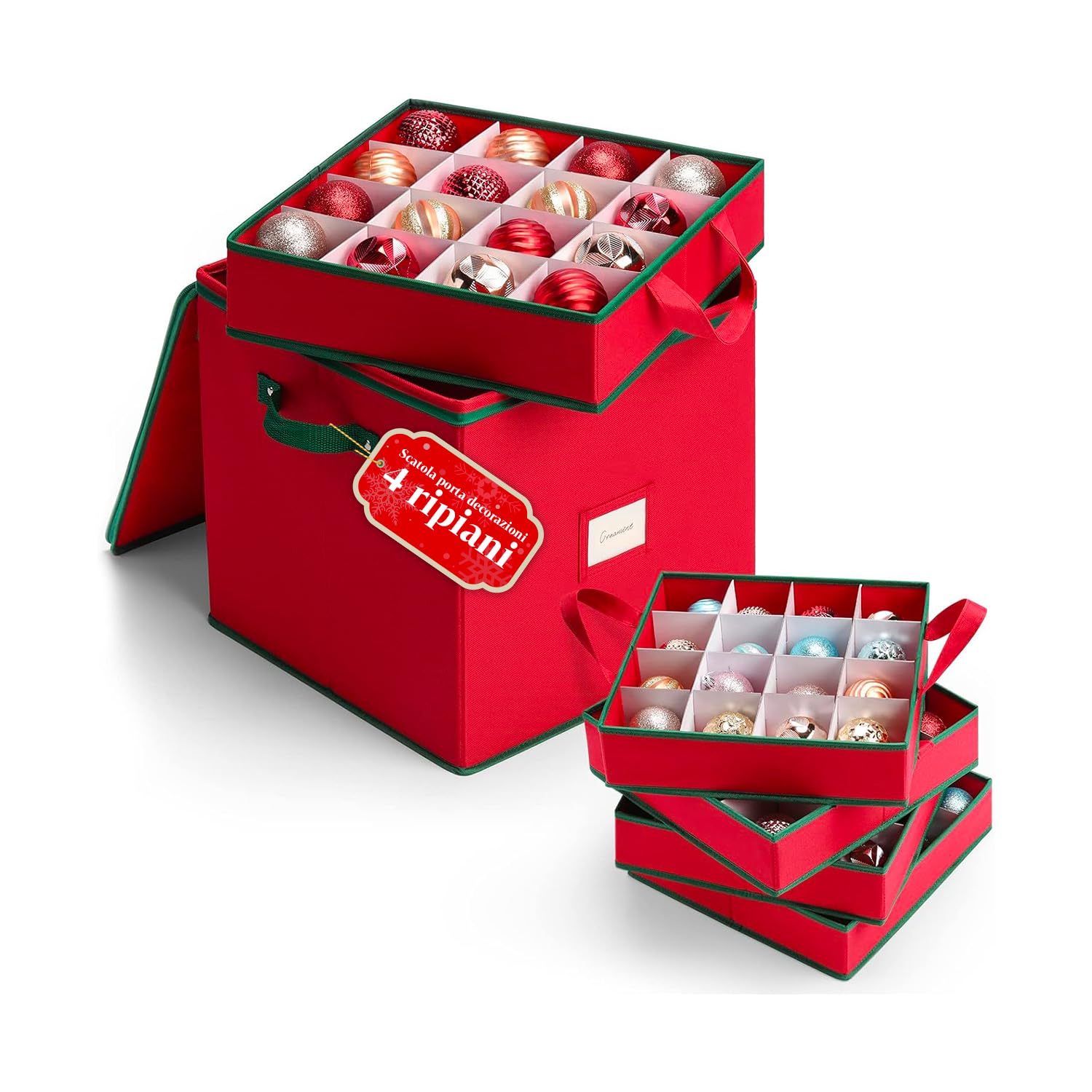 Avilia Christmas Baubles Organizer in Oxford Fabric Foldable 32 x 32 x 32 cm with 4 Modular Compartments for 64 Decorations, Dust Protection and Easy to Store Under Bed or in the Wardrobe