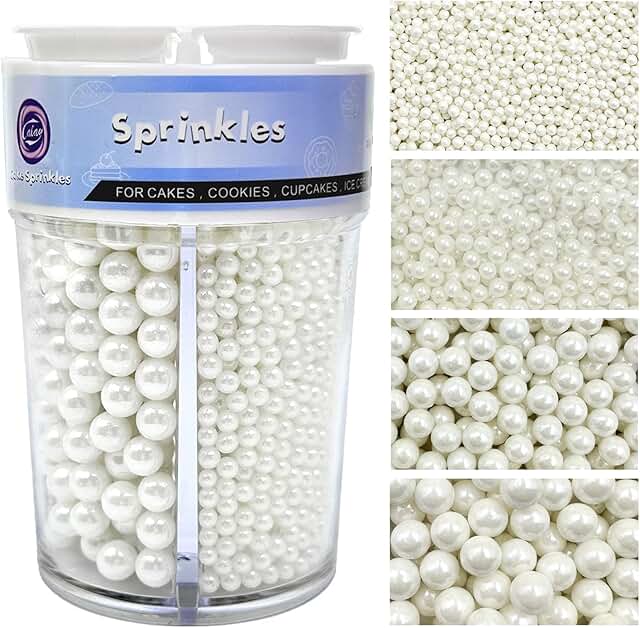Sprinkles for Cake Decorating, White Pearl Sprinkles 4 Sizes Mix for Cak...