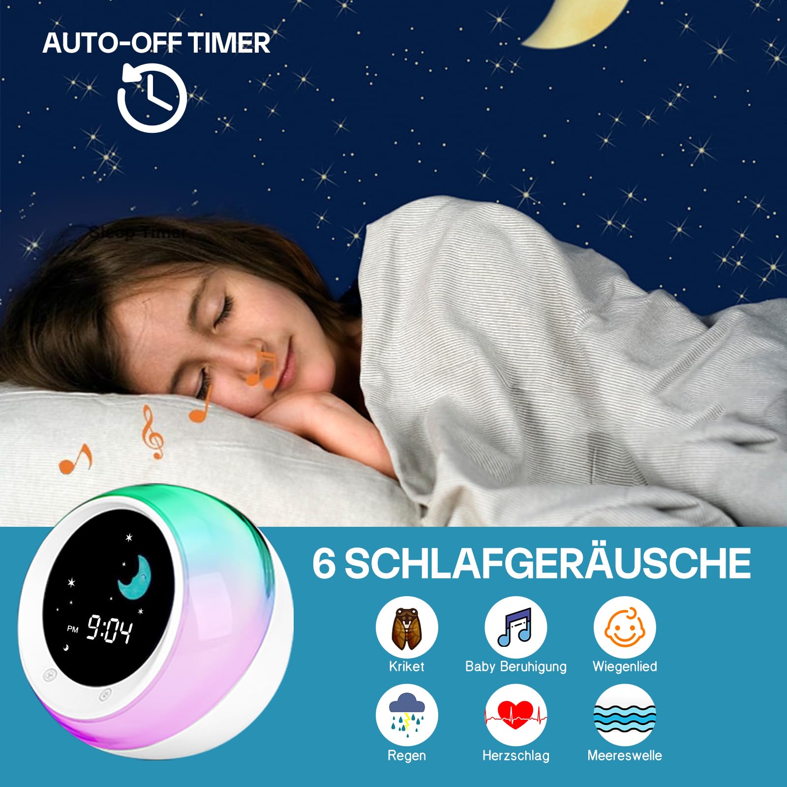 I·CODE Wecker Kinder, Kinder Schlaftrainer Kinderwecker mit Nachtlicht, Schlaf Sound Maschine, Schlaf Timer(Aktualisierte Version 2024)