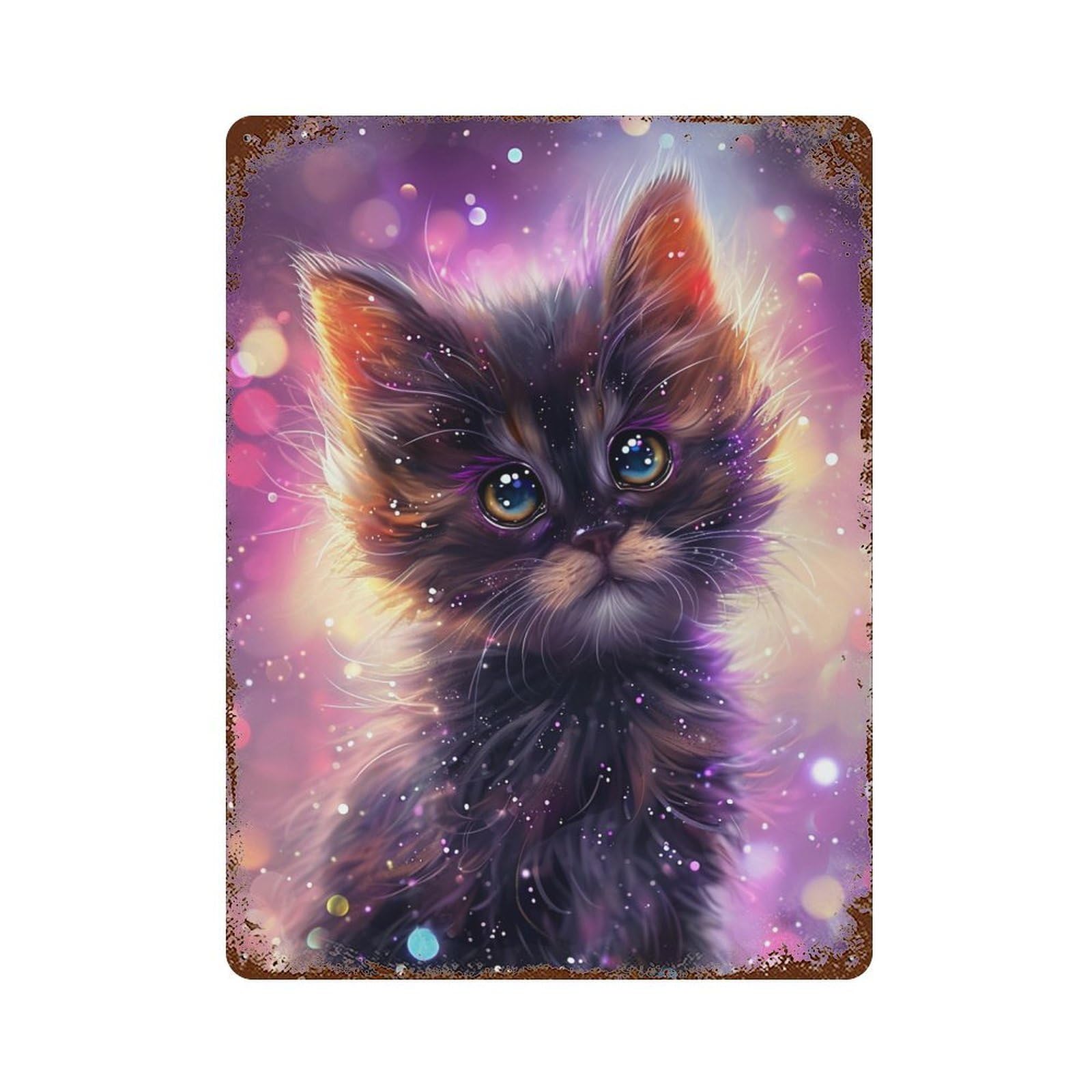 Magical Galaxy Kitten Rust Effect Tin Sign 15.7"x11.8", Farmhouse Wall Decor for Living Room, Hallway And Home Decor