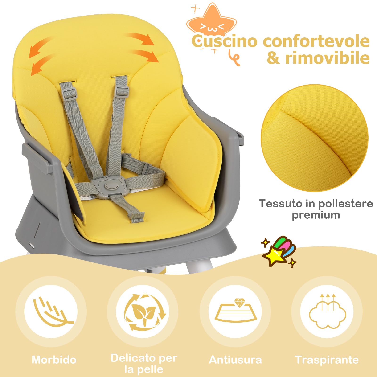 RELAX4LIFE 6 en 1 Trona Bebé con Arnes de 5 Puntos y Cojín Desmontables, Tronas de Bebe Portátil con Bandeja Ajustable y Extraíble, Mesa y Silla Infantil para Niños 6+ Meses, Carga 25kg (Amarillo)