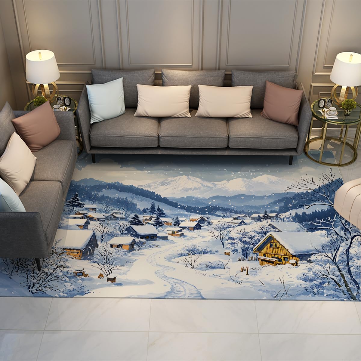 Tapis salon paysage d'hiver pour une chambre style chalet