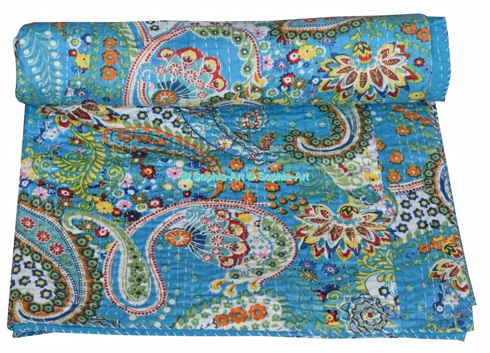 Sophia-Art Kantha Quilt King/Twin - ręcznie robiony indyjski koc z bawełny, wzór kaszmiru, na łóżko lub sofę (turkusowy, King 90 x 108 cali)