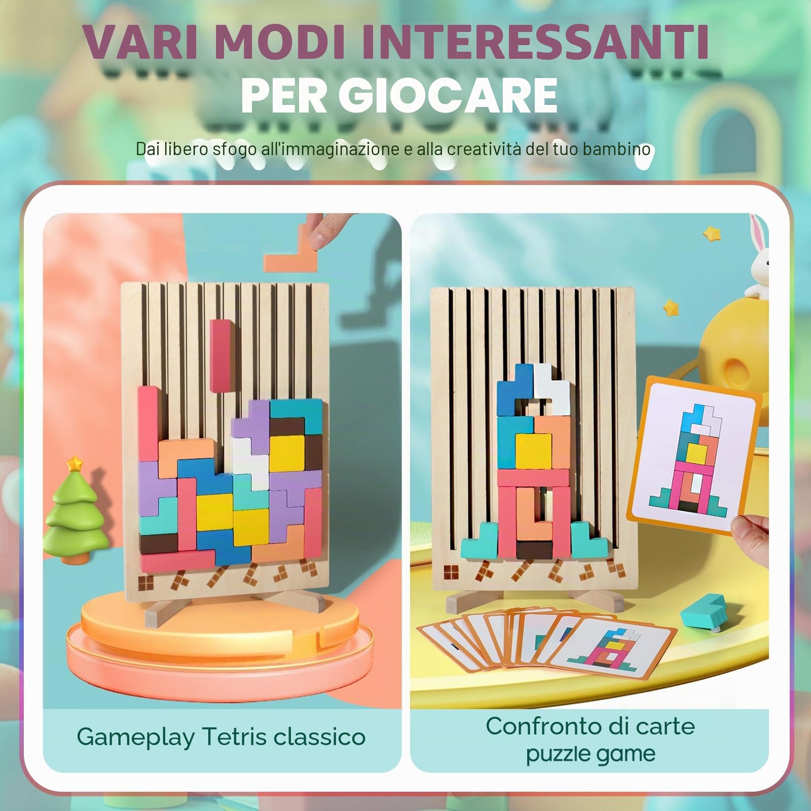 Tetris Gioco per Bambini con Borsa,Puzzle di Legno Tetris Giocattolo Montessori,Cervello Giocattoli, Intelligenza Jigsaw Rompicapo, Regali Educativi per Bambini