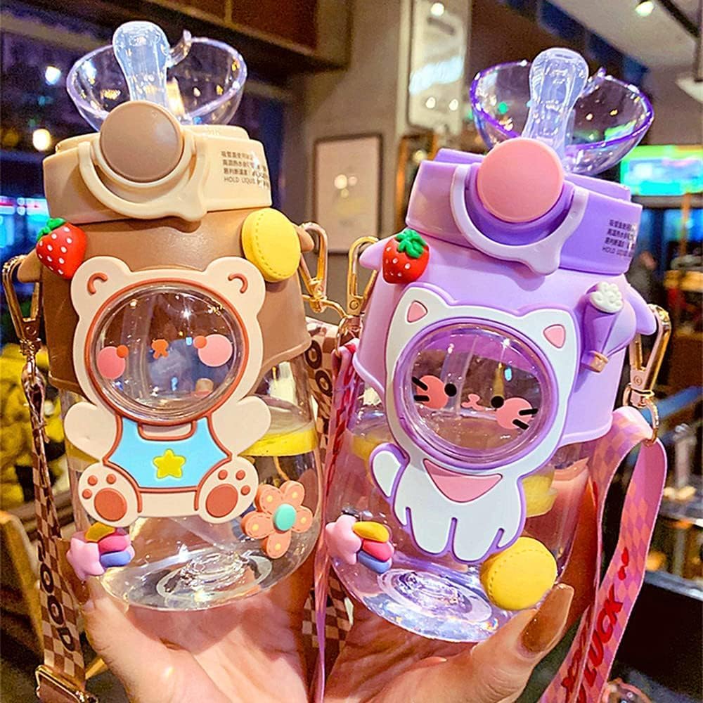 Kawaii Water Bottle Cute Water Bottles for Girls, Kawaii Water Bottle with Straw and Adjustable Strap, Portable Leakproof BPA-Free Drinking Bottle for School Outdoor Sports Travel, 24oz (Purple Cat) - Image 4