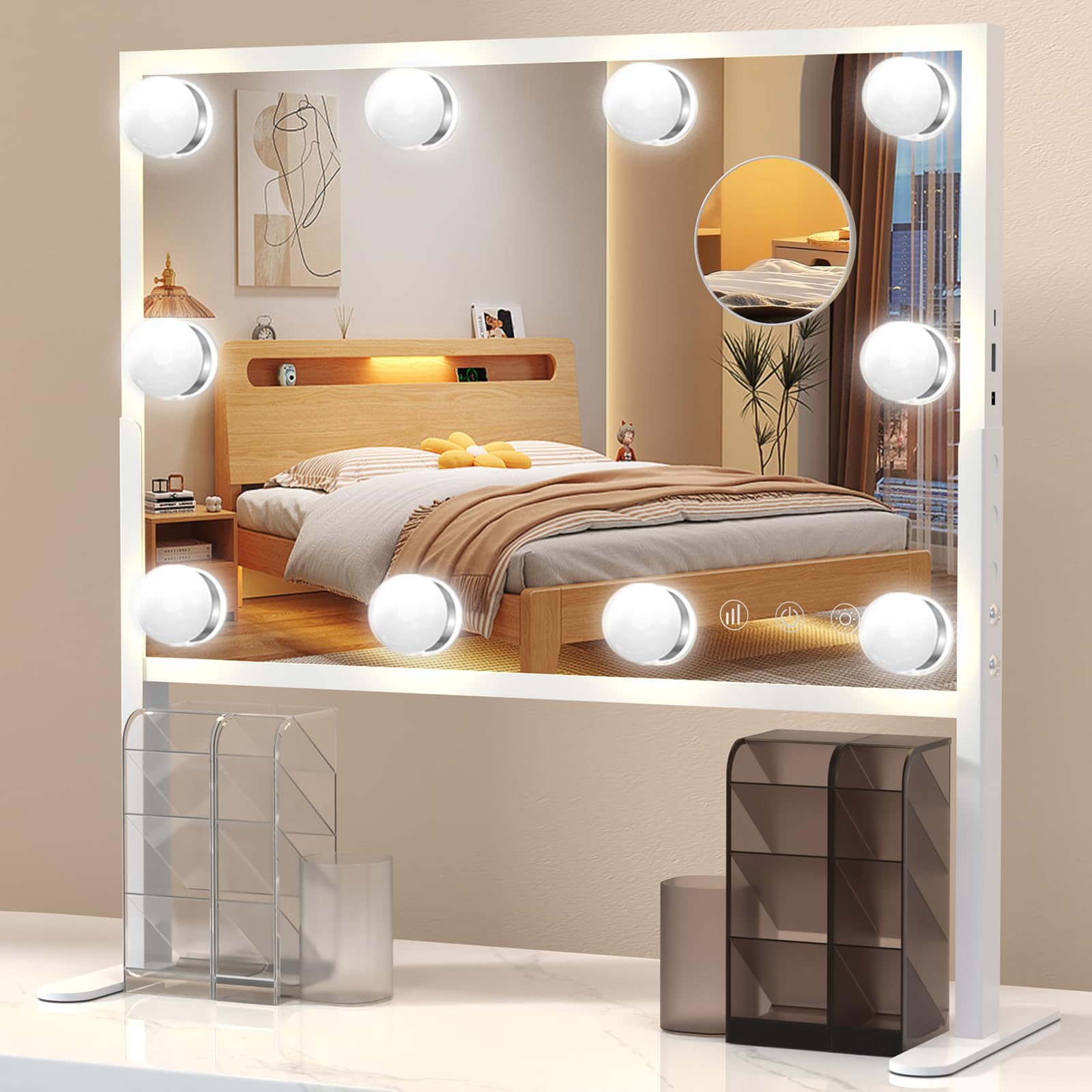 BESTOPE PRO Espejo de Maquillaje Hollywood con Soporte para Teléfono Móvil, 30 x 40 cm, 10 Luces LED, Táctil, Regulable, Espejo Cosmético, 3 Modos de Color, Espejo de Mesa, Espejo de Pared con Aumento