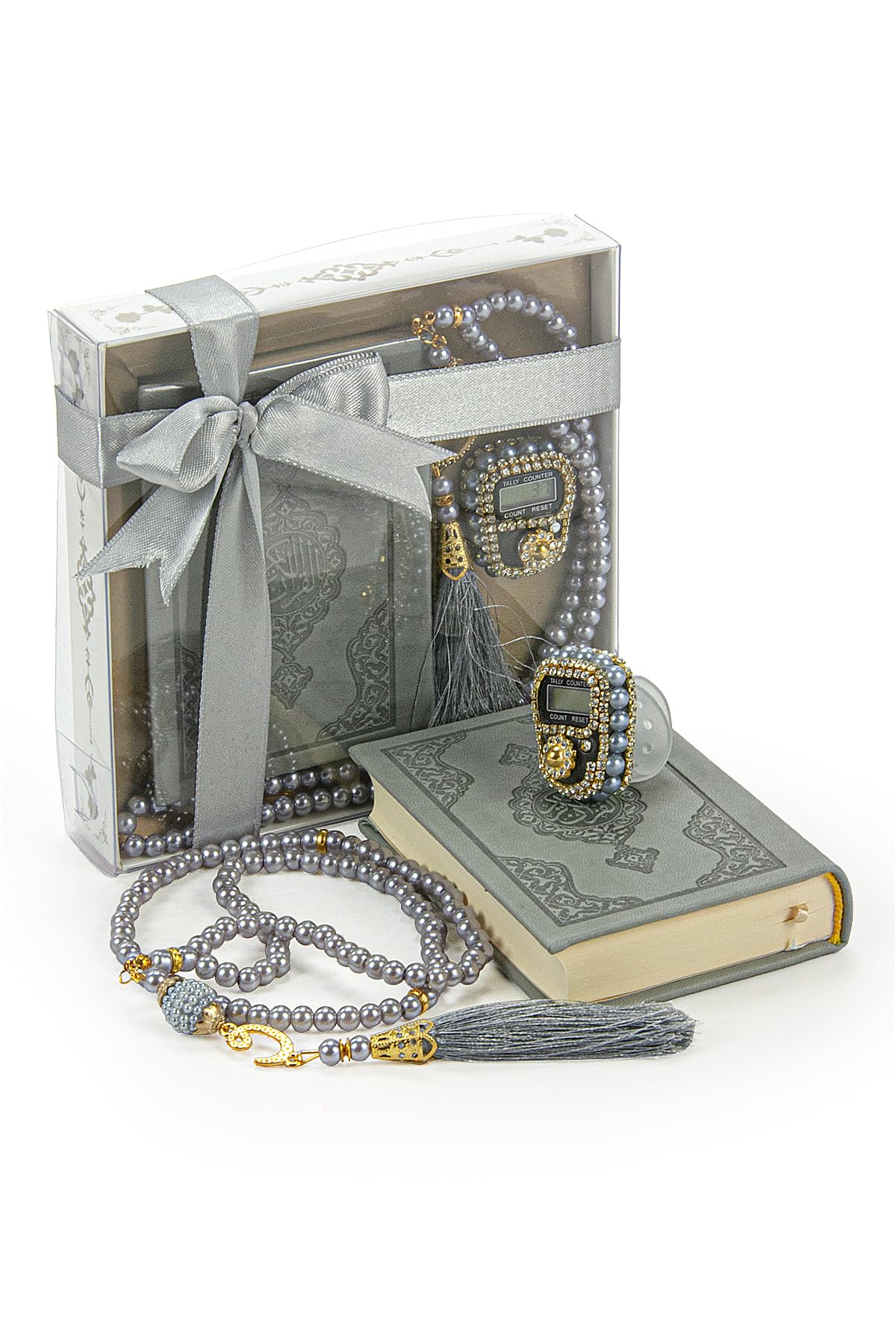 İhvan Online Medina Calligraphy Quran Set with Islamic Finger Counter, Portable Digital Prayer Tasbeeh, Pearl Zikirmatic Beads, 3 Pieces Gift for Ramadan & Eid & Mawlid (Gray)