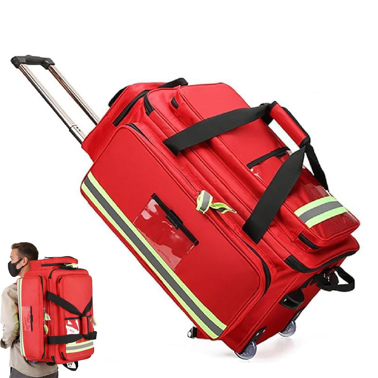 Bolsa carrito médico con ruedas, bolsa de botiquín de primeros auxilios de gran capacidad, mochila médica de emergencia con ruedas, compartimentos y bandas reflectantes para médicos y socorristas