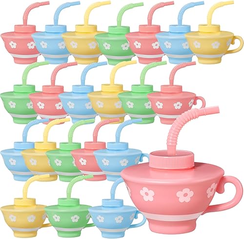Zhehao 24 tazas de té de plástico para niños con tapas y pajitas para fiesta de té, tazas creativas reutilizables de 9 onzas a granel para