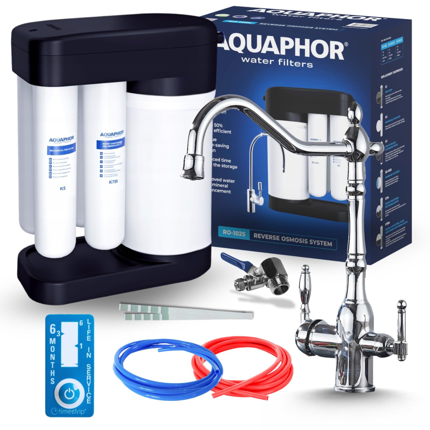 Ari 3-Wege Küchenarmatur Spültischarmatur Mischbatterie Chrom Klassisch Retro im Set mit Umkehrosmose Trinkwasserfilter Filteranlage Morion 102S RO