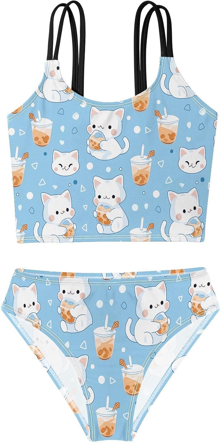 visesunny Girls Two Piece Swimsuits White Cat Milk Tea Girl's Bikini Sets Bathing Suits for Girls Size 5-12Y
