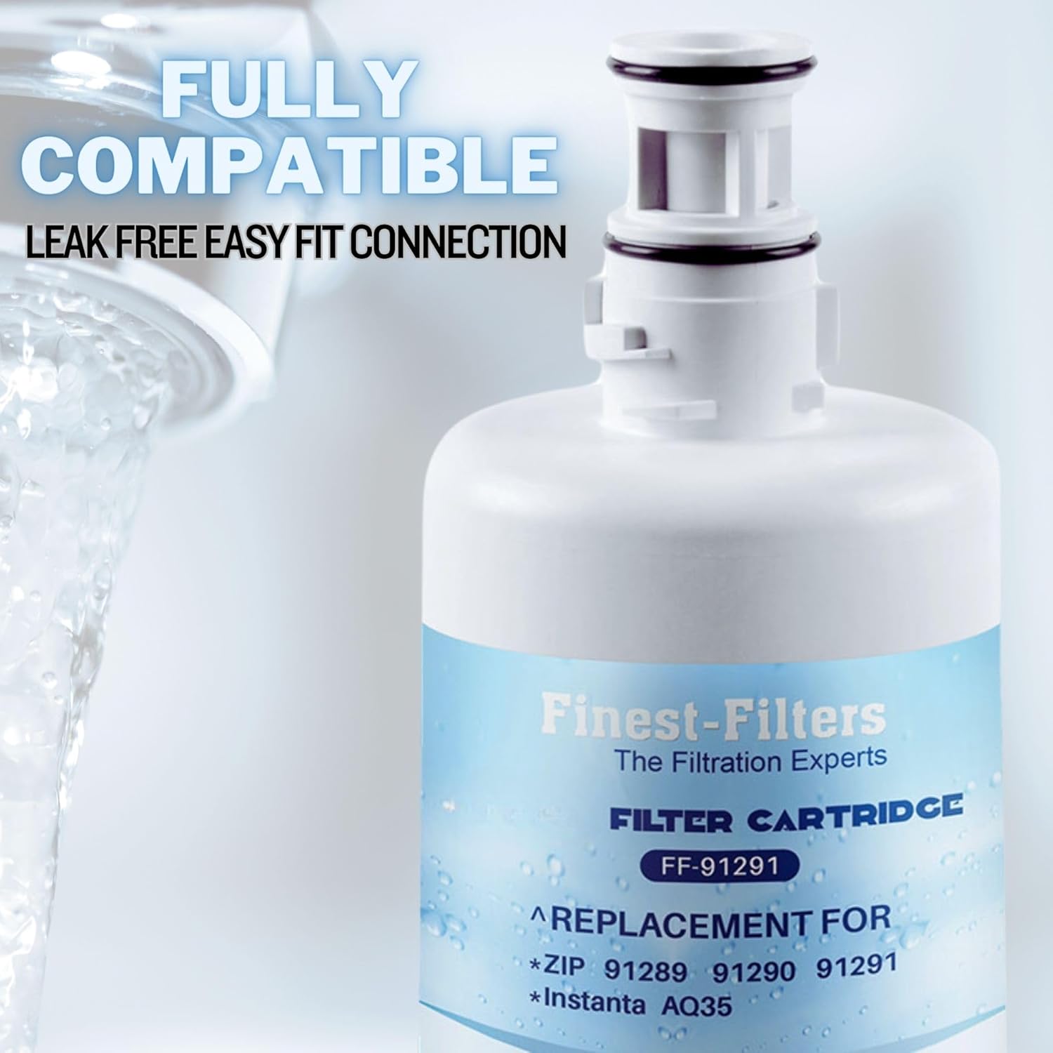 Close-up of Finest-Filters water filter showing its leak-free, easy-fit connection and compatibility.