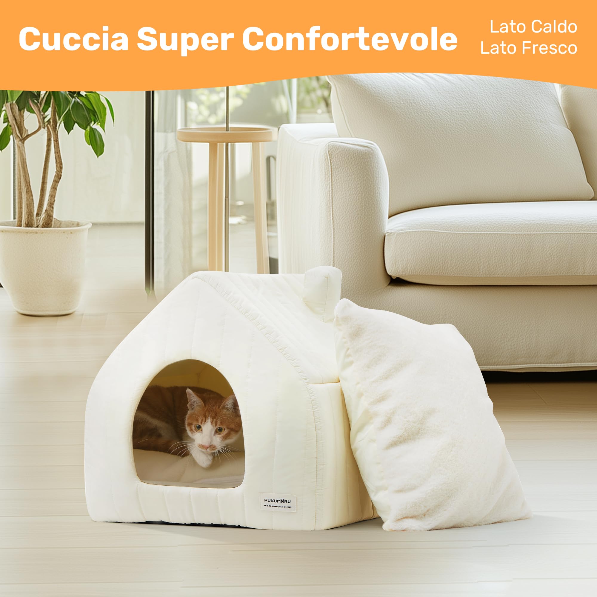 FUKUMARU Cuccia per Gatti da Interno, Casetta a Tenda Morbida Termica Impermeabile, Cuscino Rimovibile e Lavabile, Base Antiscivolo, Cuccia Pieghevole, Leggera e Facile da Pulire.