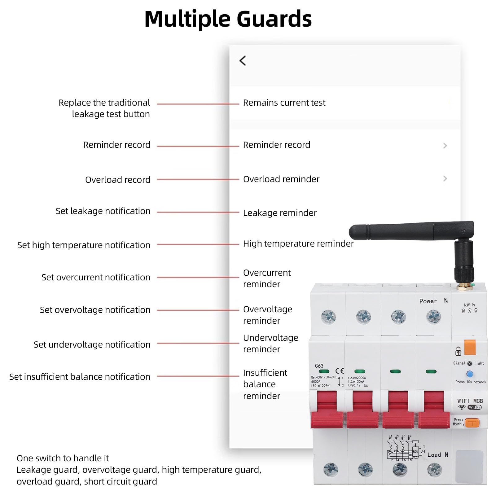 Smart Circuit Breaker Wifi Sicherungsautomat 4P 63A Tuya Schutzschalter | AC400V App Wlan Schalter mit MCB Zeitschaltuhr, FI Schutzschalter Hutschiene Mit Kurzschluss, Über, Unterspannungsschutz