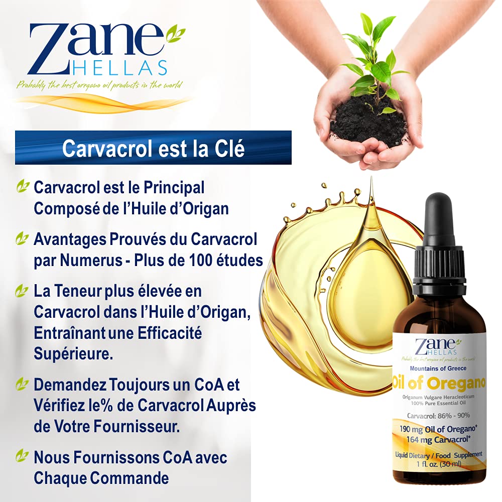 Zane Hellas 100% huile d'origan non diluée.Huile Essentielle Grecque Pure d'Origan.86% Min Carvacrol.164 mg de carvacrol par portion.Probablement la meilleure huile d'origan au monde.1 oz-30ml