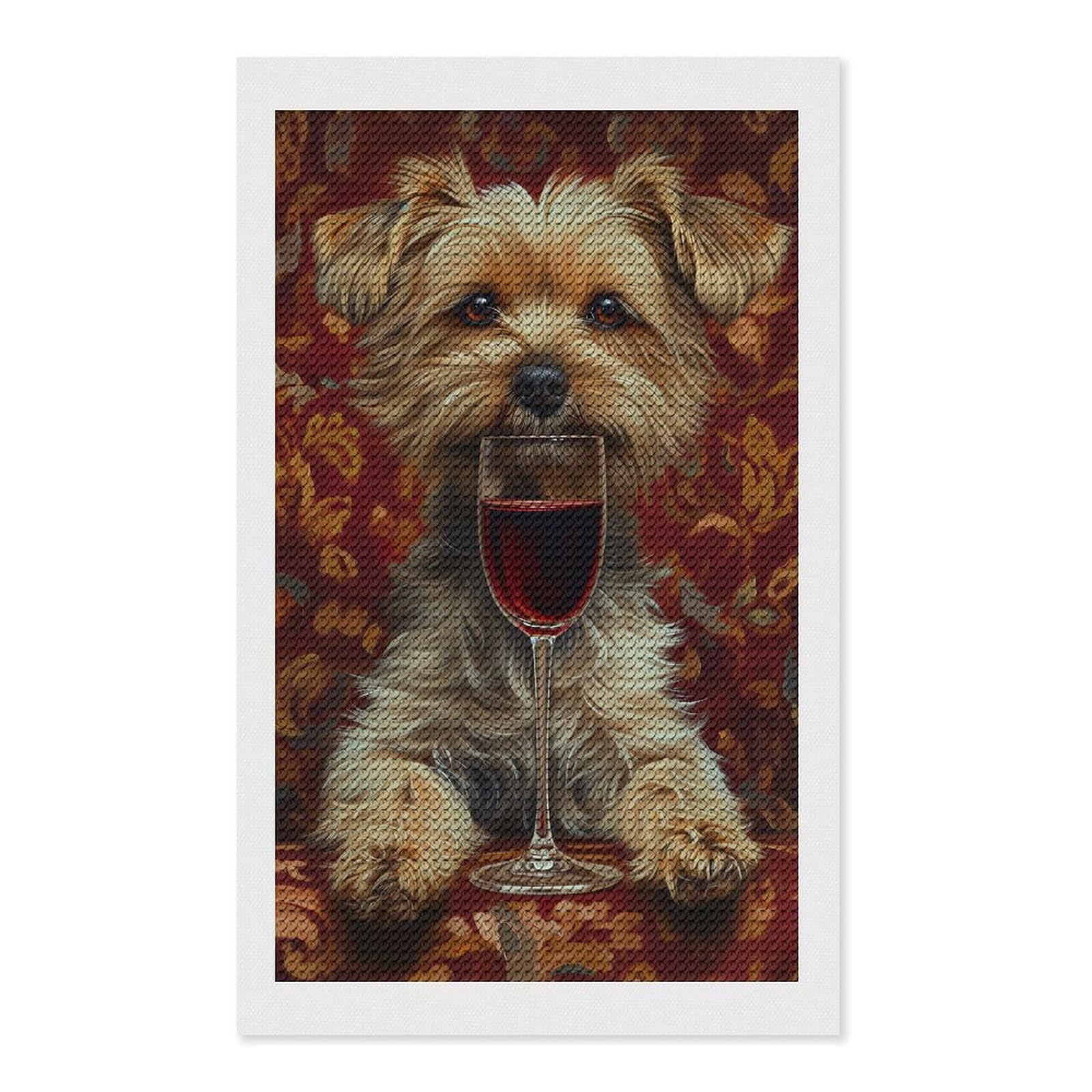 Junmoney Terrier Dog Drinks Wine DIY Diamond Art Canvas Kit 12"x20", Adhesive Canvas, Easy to Enjoy, Farmhouse Decor, Festive Craft Gift