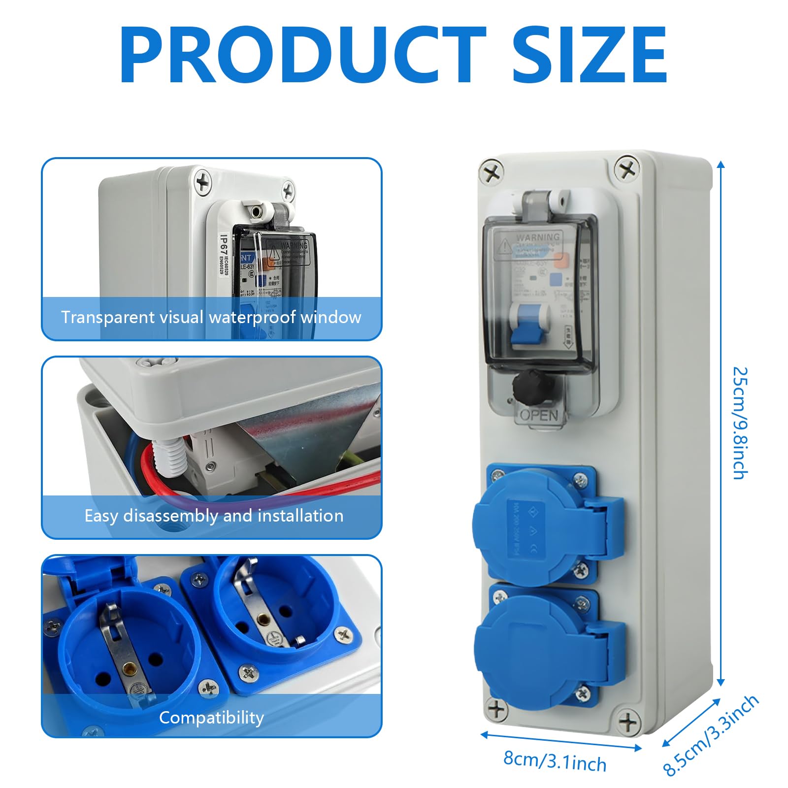 Distribuidor de Pared Interruptor 16A, Enchufe Estanco Exterior 250V 2P Caja Cuadro Electrico con Interruptor fi IP54 Distribuidor de Energía Impermeable Enchufe para Interiores y Exteriores
