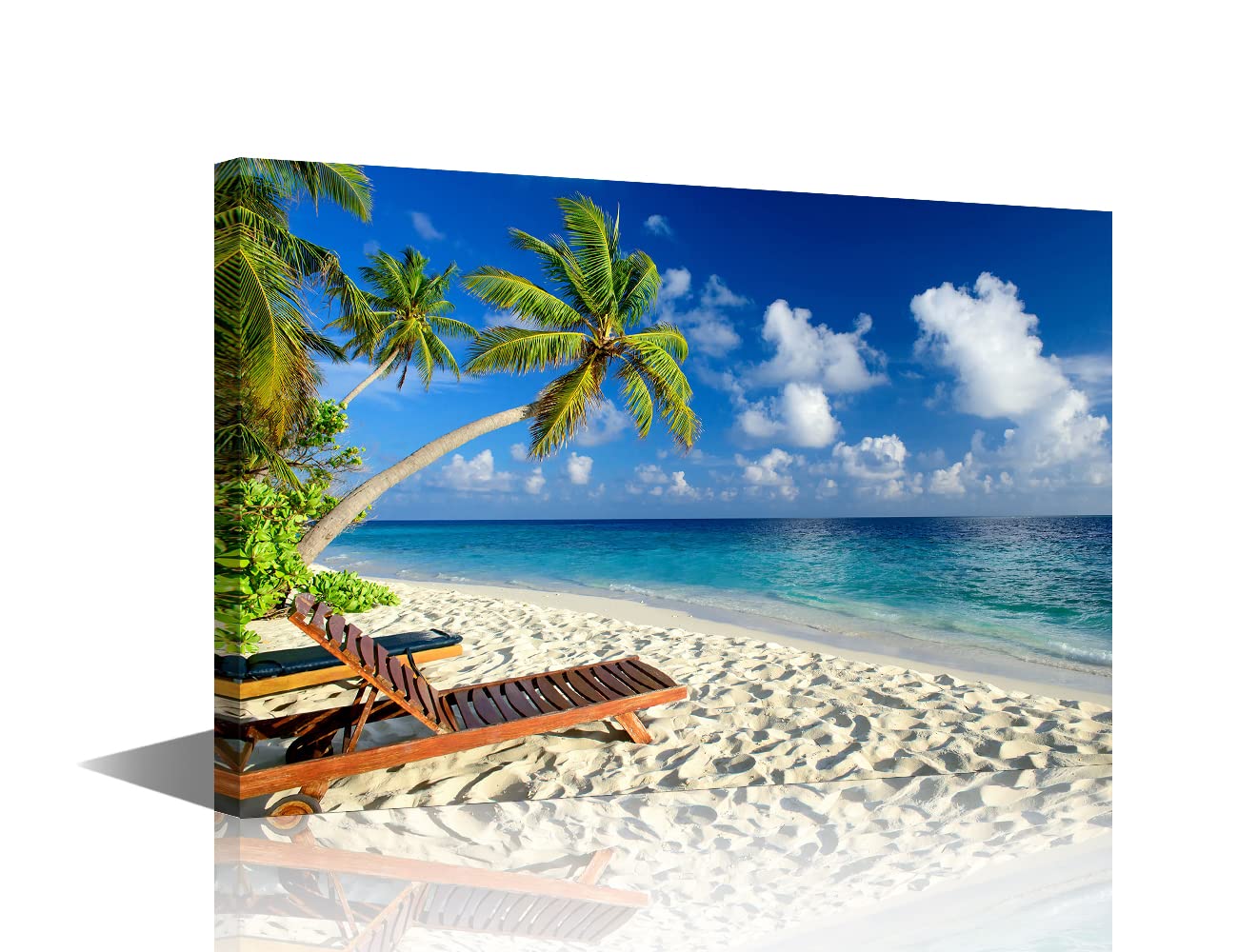 TISHIRON Canvas Wall Art Summer Ocean Coconut Trees on Sands Beach Panoramic Seascape Scenery Painting Canvas Artwork Sea Nature Picture for Home Office Wall Decor Framed Ready to Hang (18X12in)