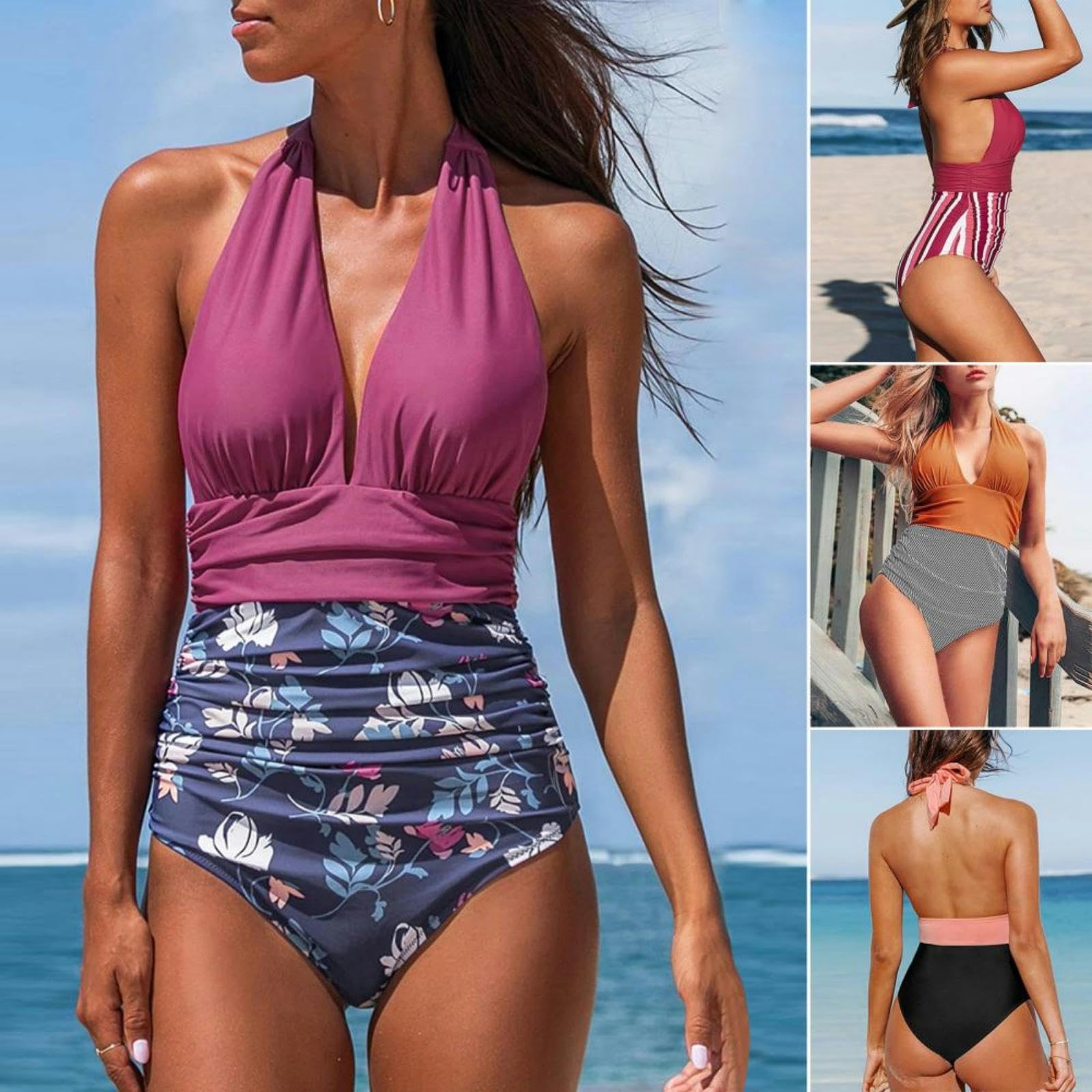 Damskie bikini damski jednoczęściowy strój kąpielowy wiązany na szyi marszczony kontrola brzucha kostiumy kąpielowe kostiumy kąpielowe-pomarańczowy-M