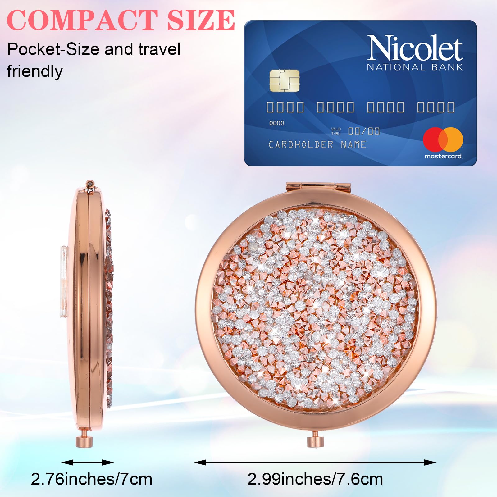 YUXIANLB 1X/2X Magnifying Compact Mirror for Purse Mix Diamond Metal Pocket Mini Makeup Mirror - Image 2