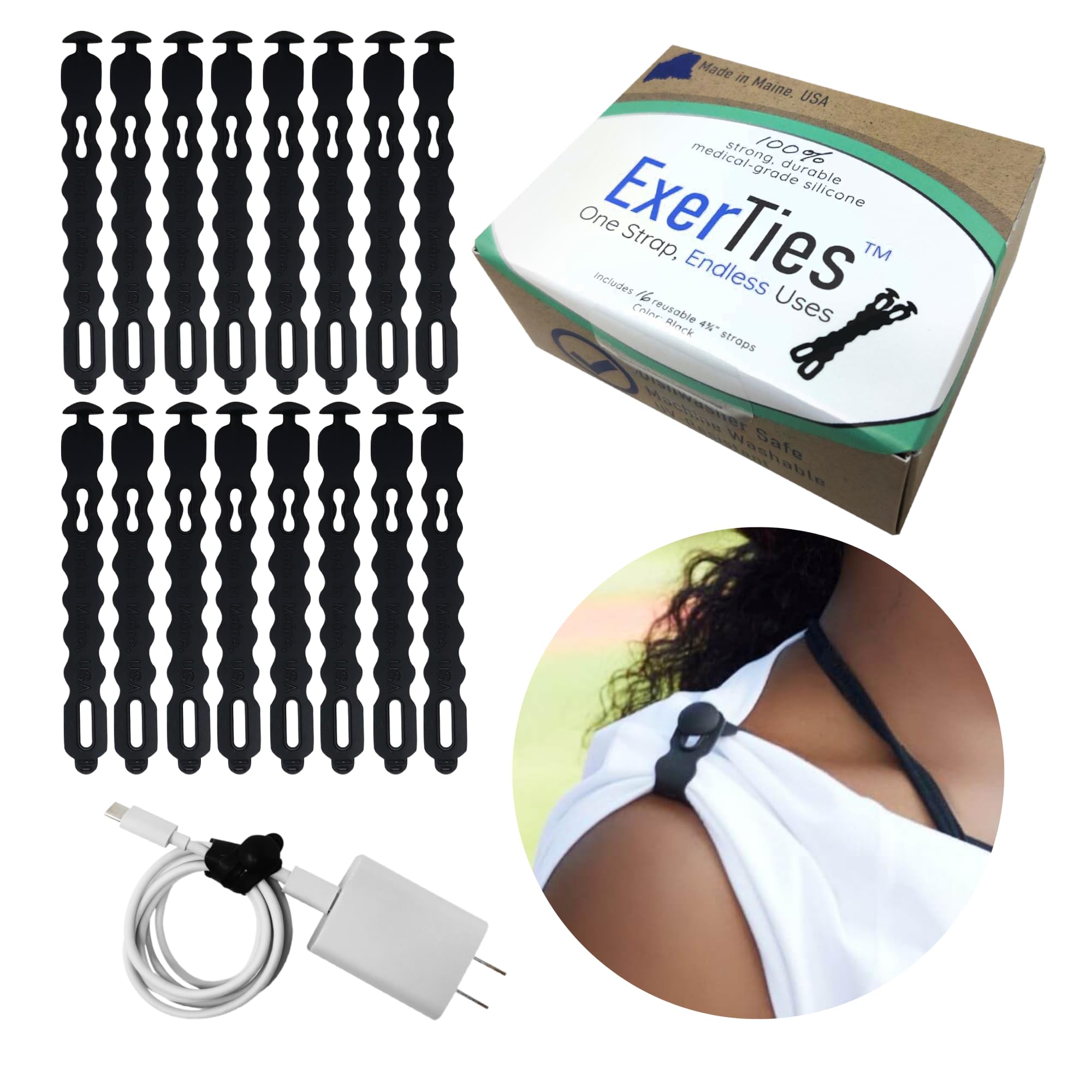ExerTies Silicone Shirt Sleeve Ties - Made in Maine USA - Medical Grade Silicone Cord Ties - Endless Uses: Silicone Ties for Cords, iPhones, & More - Silicone Cable Ties Reusable (16 Pack) (Black)