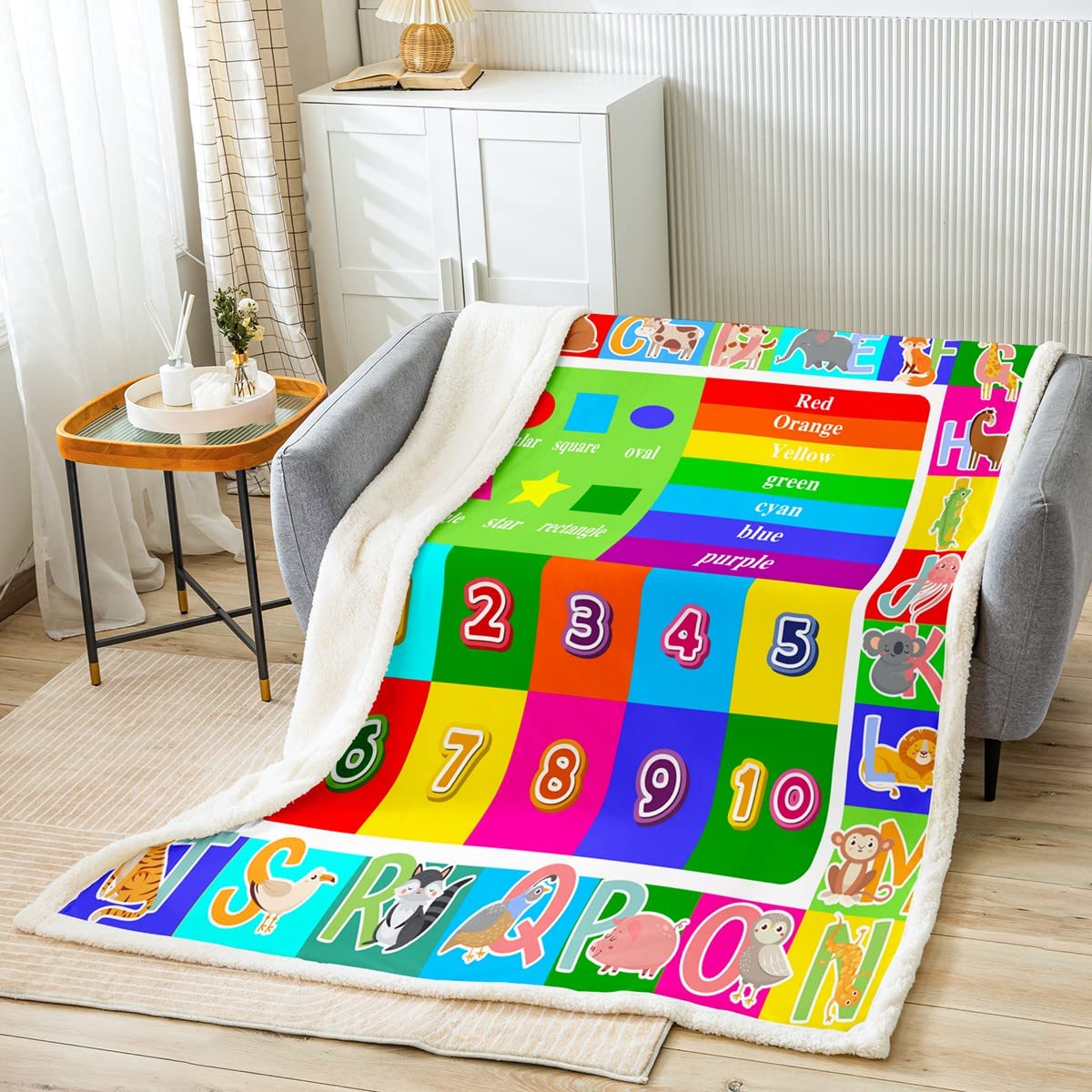 Homemissing Kinder Bildung Decke 150x200cm Spielzeit Sammlung ABC, Zahlen und Formen Lernen Wohndecke und Würfe Kinder Spiel Kuscheldecke für Bett Sofa Couch für Spielzimmer Schlafzimmer
