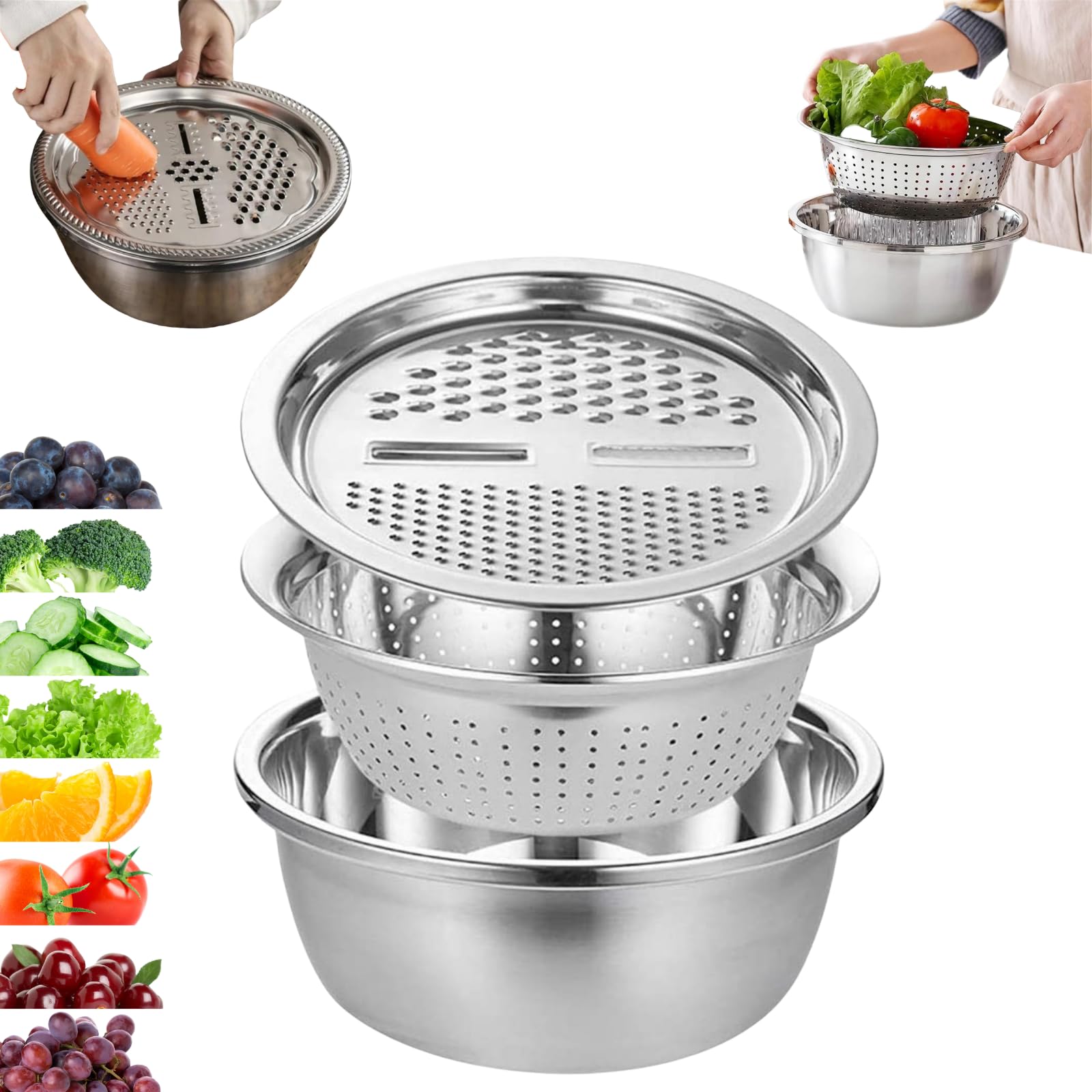 Edelstahl Reibe Schüssel Set, 3 in 1 Multifunktionales Schneide- und Drainagebecken zum Zerkleinern von Käse, Gemüse und Salaten