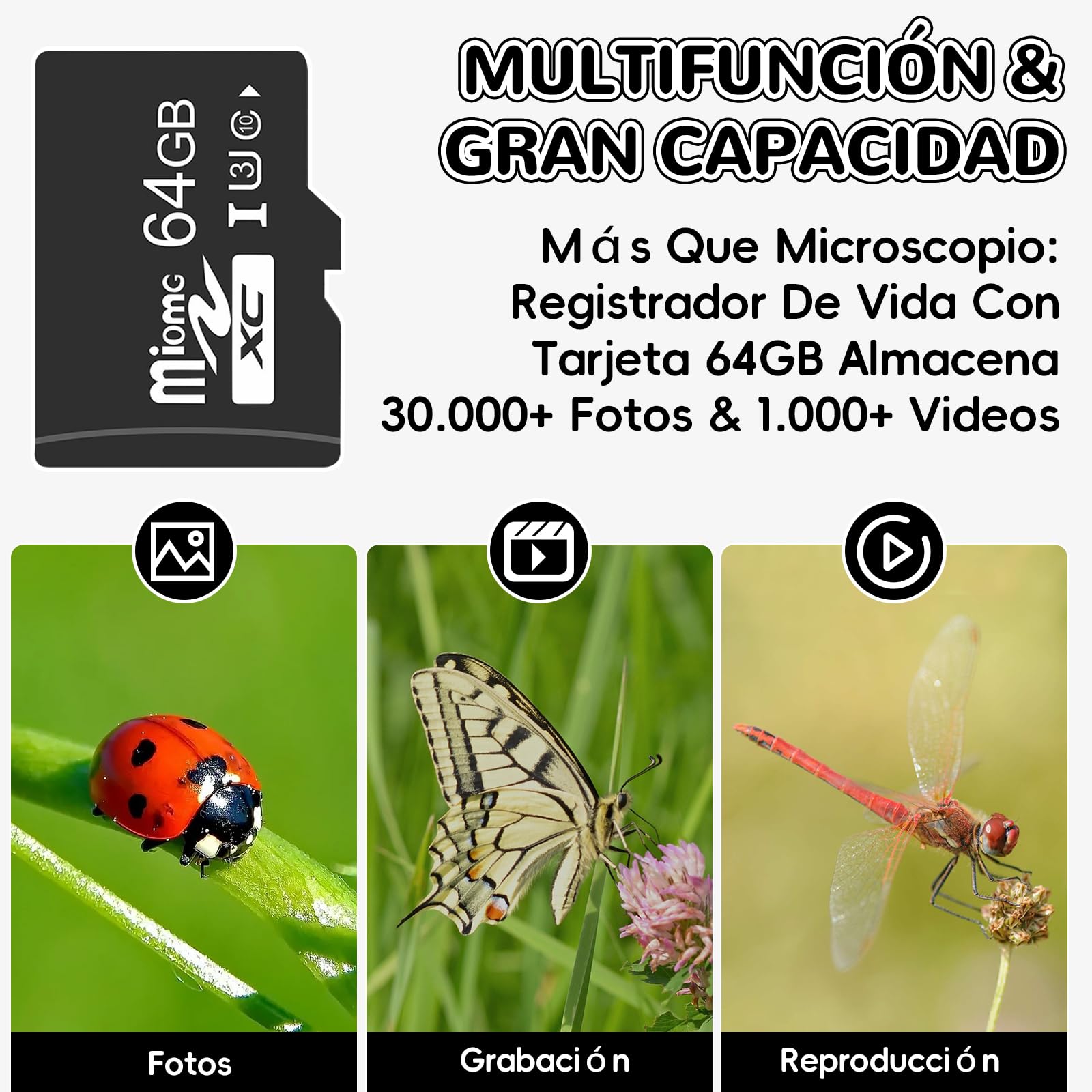 Charmofun Microscopio para Niños, Microscopio Portátil Niños con Tarjeta de Memoria de 64G, Microscopios Digital Infantil con Pantalla LCD de 4", Aumento 1600X, Fotos y Videos, Función Portátil y Fija